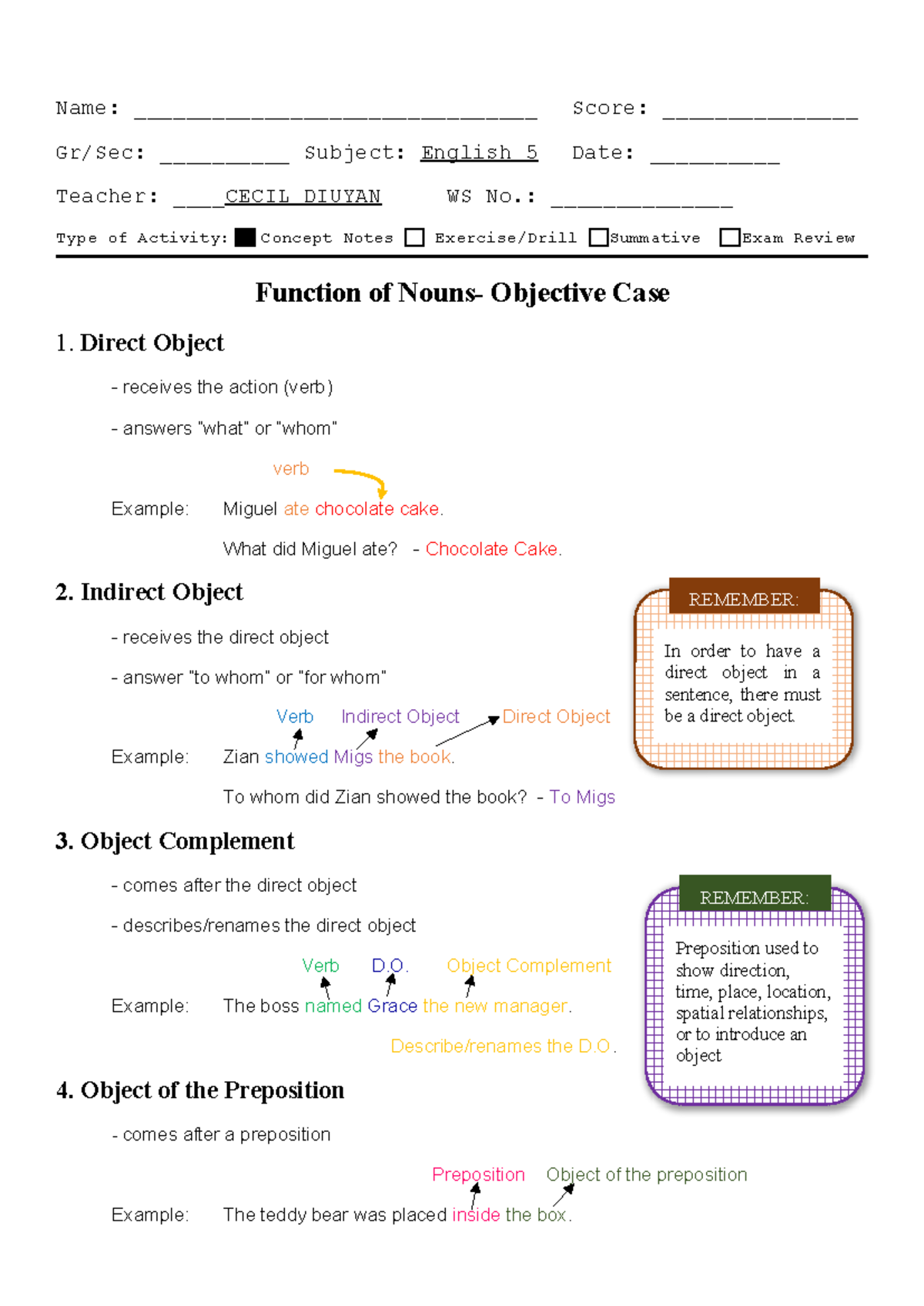 Function of Nouns Objective Case - Name ...