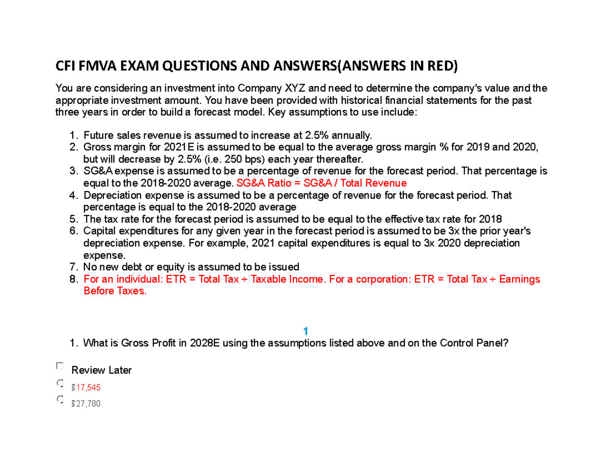 CFI FMVA EXAM Questions AND Answers - CFI FMVA EXAM QUESTIONS AND ...