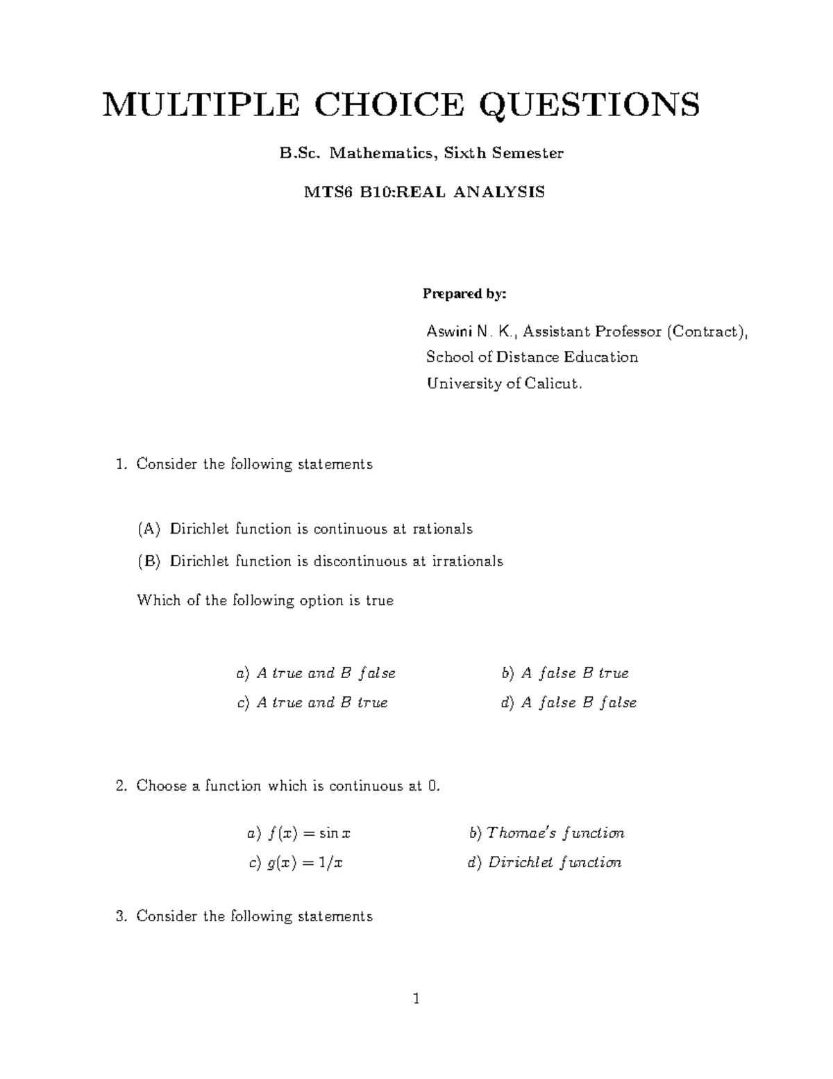 MCQ-Real Analysis - Easy To Way Exam - Bsc Maths - Studocu