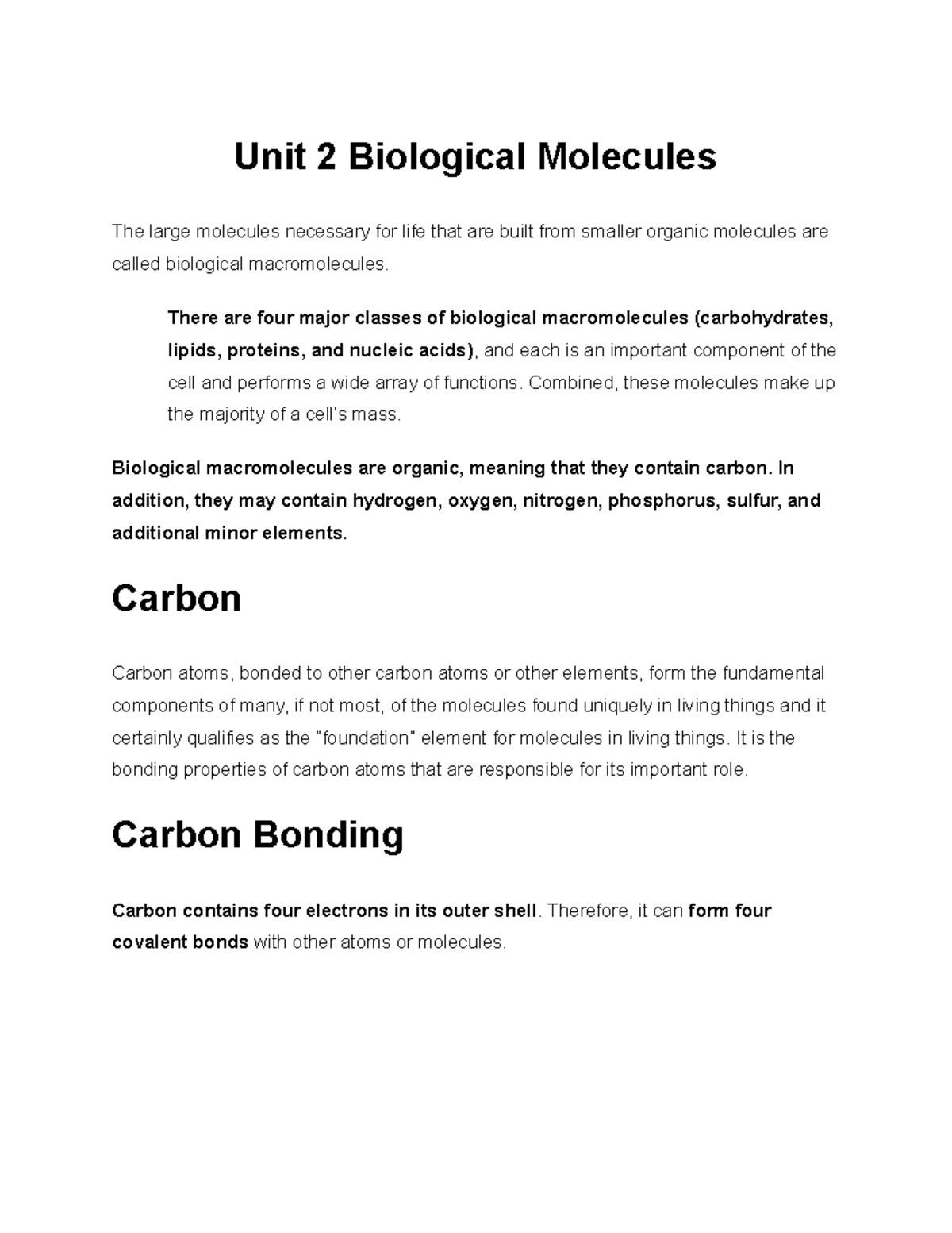 BIO 2 Biological Molecules - Unit 2 Biological Molecules The Large ...