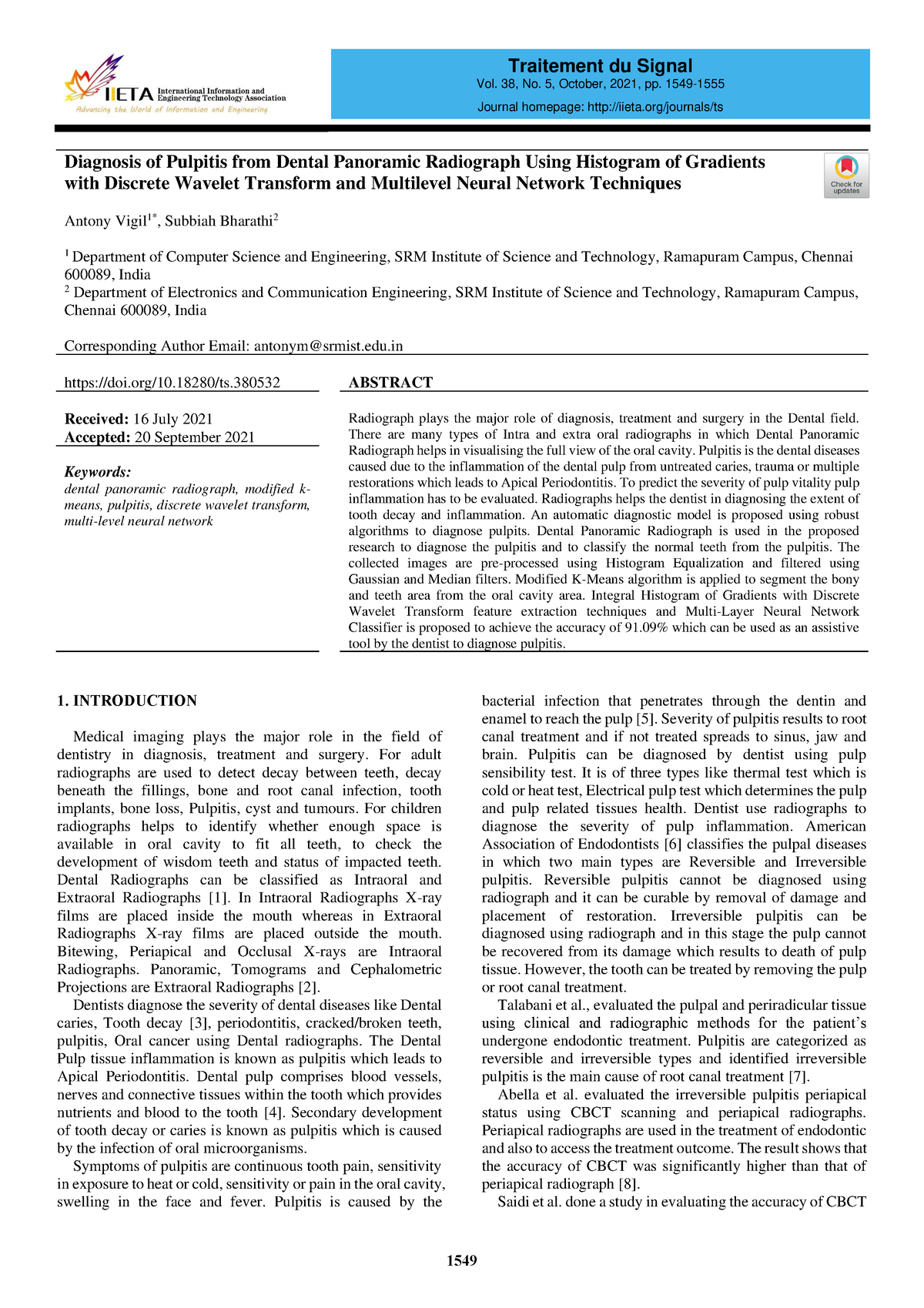 Diagnosis of Pulpitis from Dental Panoramic Radiograph - edu doi/10. ...