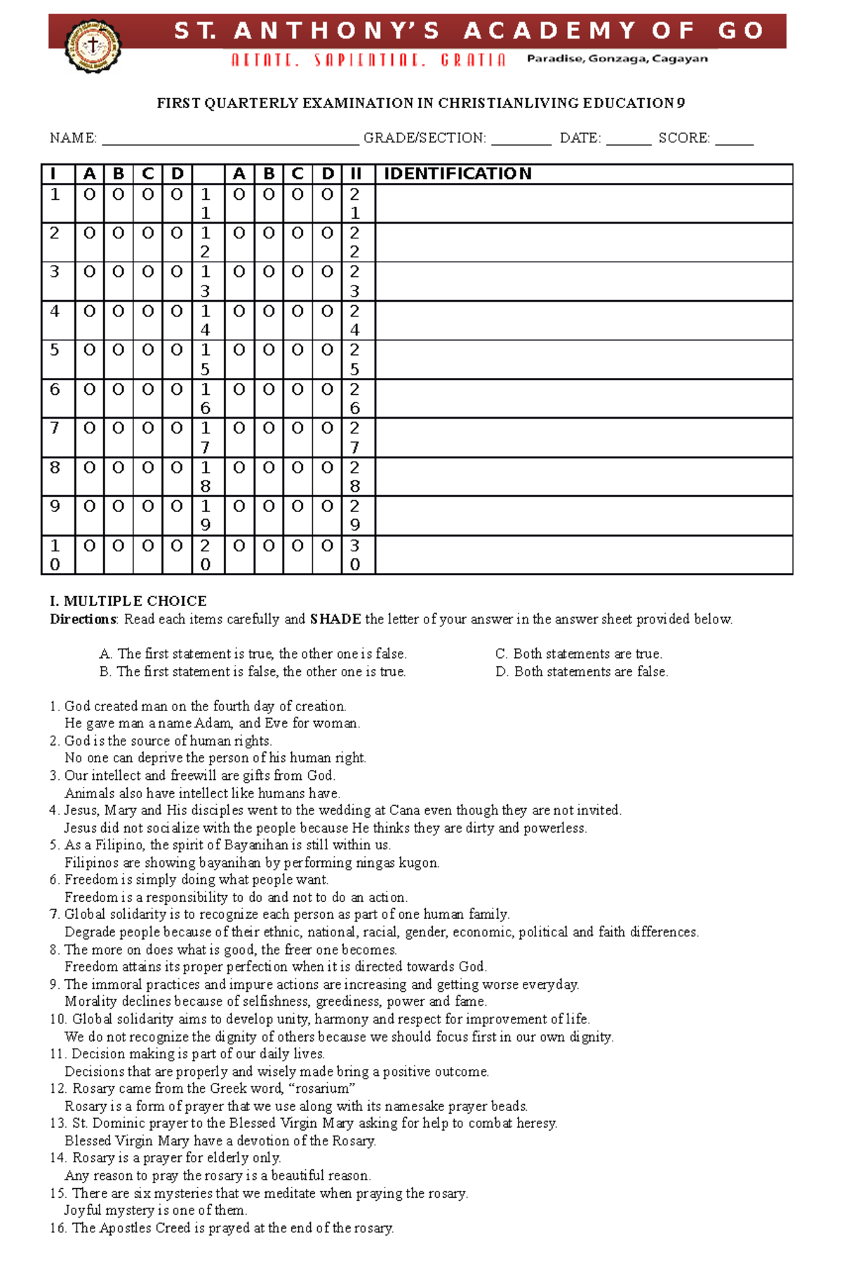 CLE EXAM - Examination in Christian Living Education. - S T. A N T H O ...