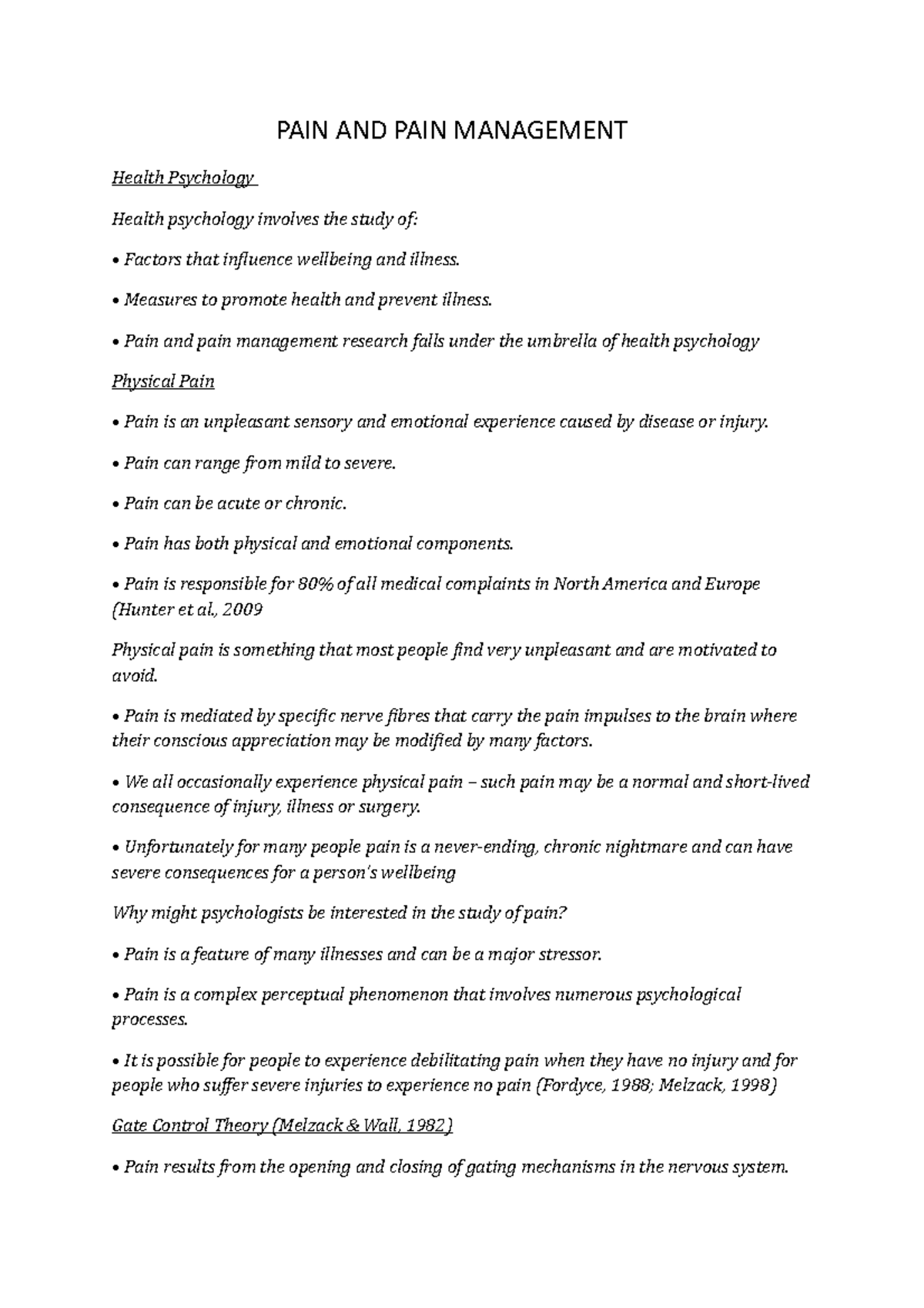 Pych - Lecture notes 3 - PAIN AND PAIN MANAGEMENT Health Psychology ...