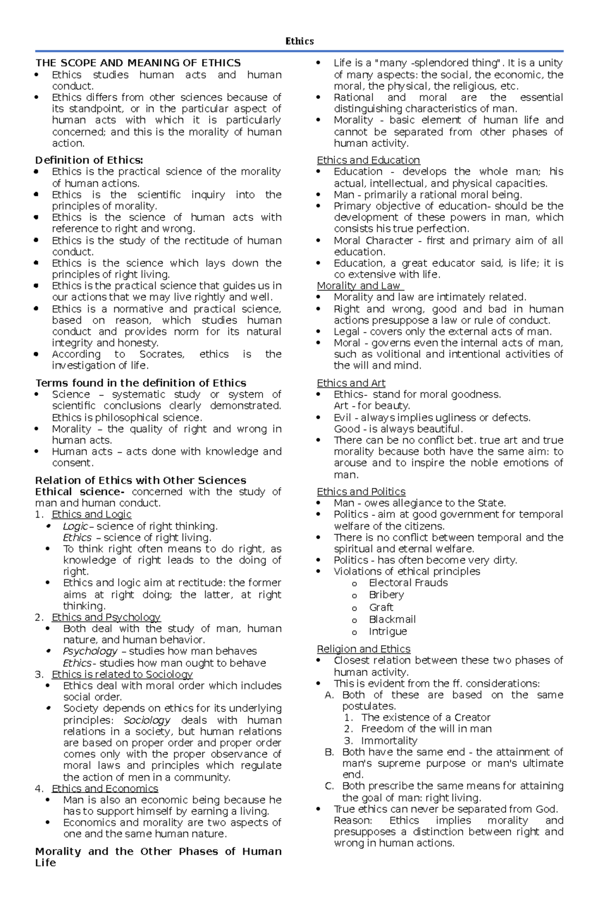 Relation of Ethics and Other Sciences - Ethics THE SCOPE AND MEANING OF ...