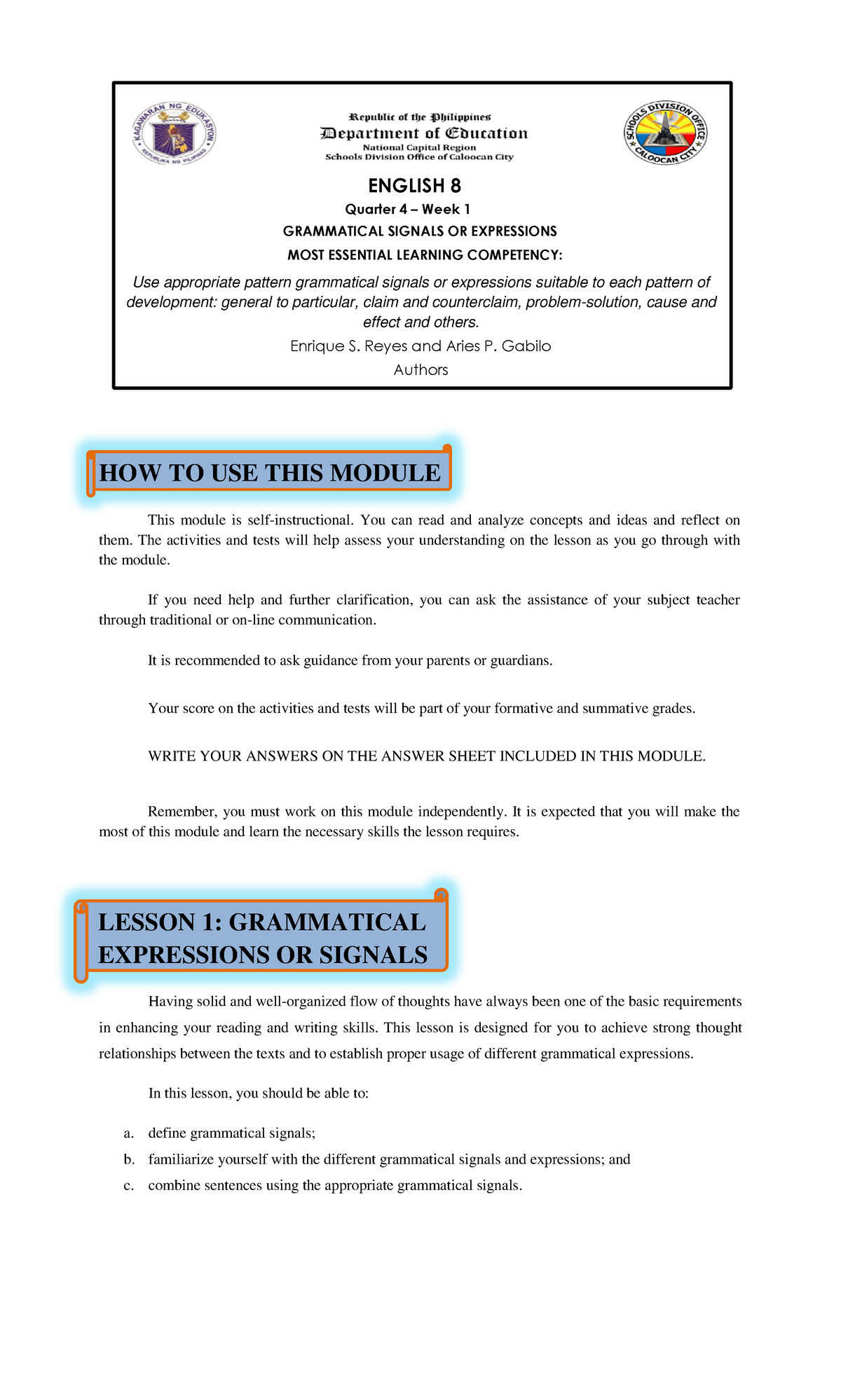 English 8 Q4 Week 1 Module Lesson 1 Grammatical Expressions Or Signals How To Use This 2487