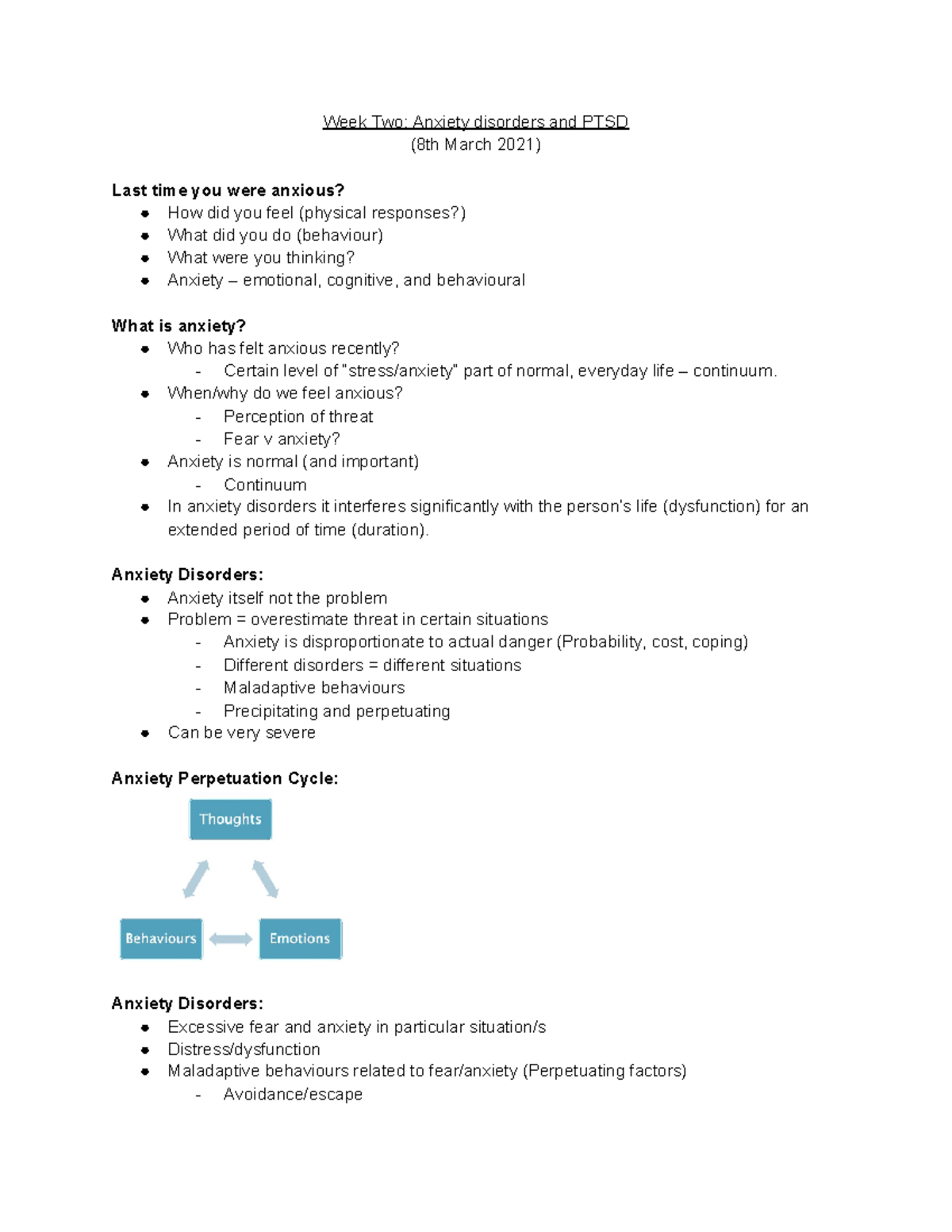 Lecture Two Anxiety disorders and PTSD - Week Two: Anxiety disorders ...