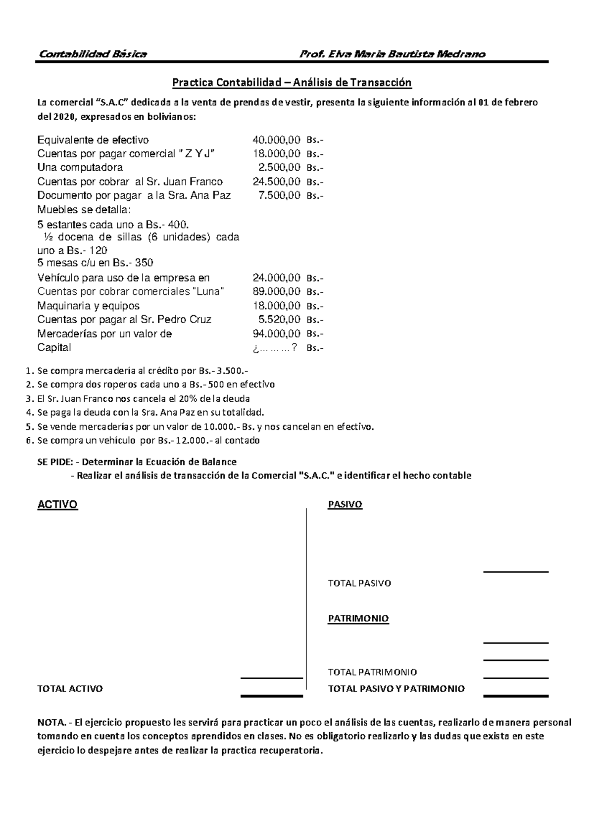 Practica Contabilidad - Contabilidad Básica Prof. Elva Maria Bautista ...