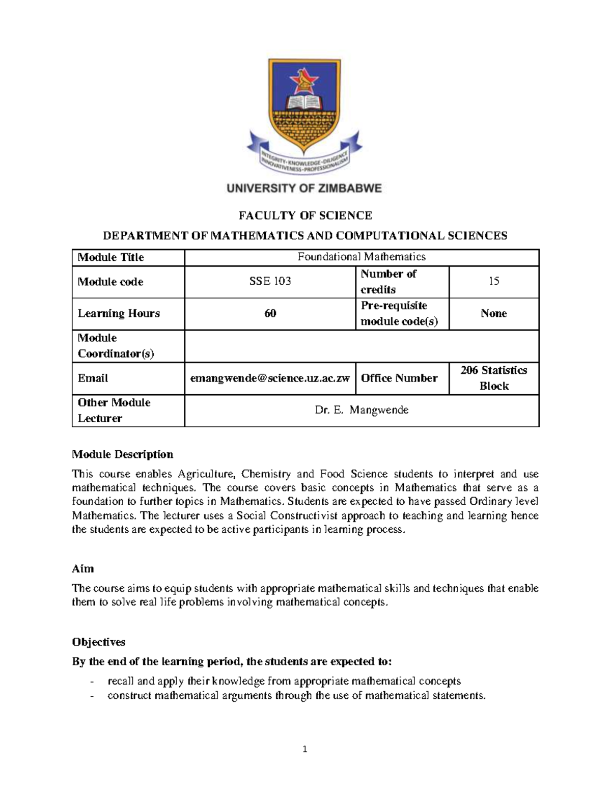 SSE 103 Foundational Mathematics - 1 FACULTY OF SCIENCE DEPARTMENT OF ...