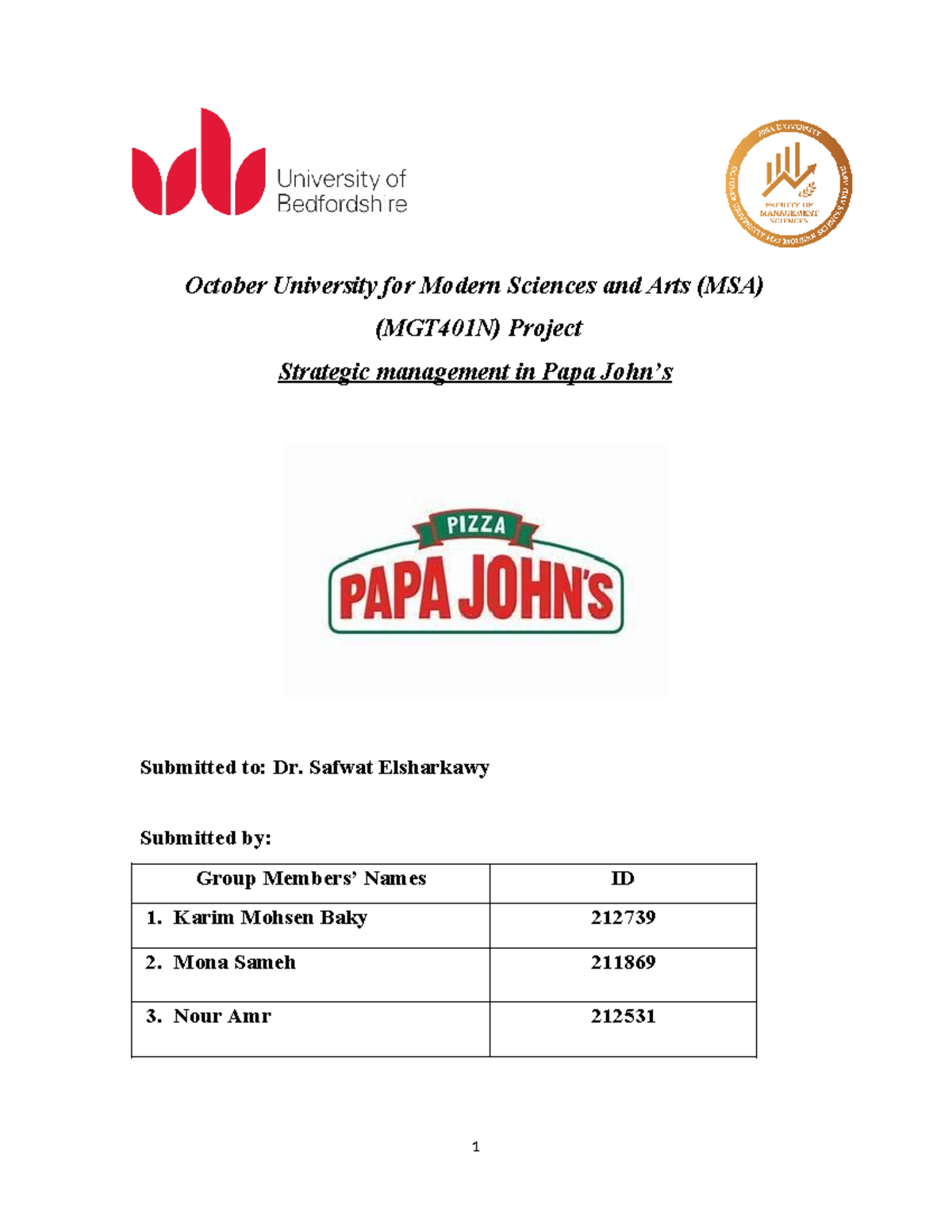 Final Papa john's project - October University for Modern Sciences and ...