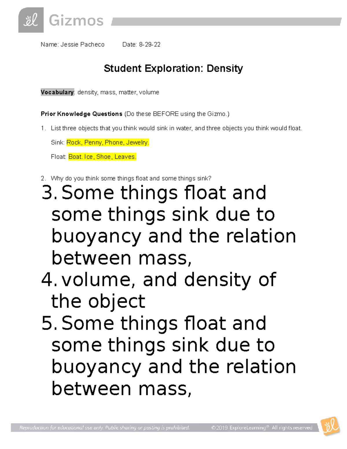 Density SE A gizmo lab Name Jessie Pacheco Date 829 Student