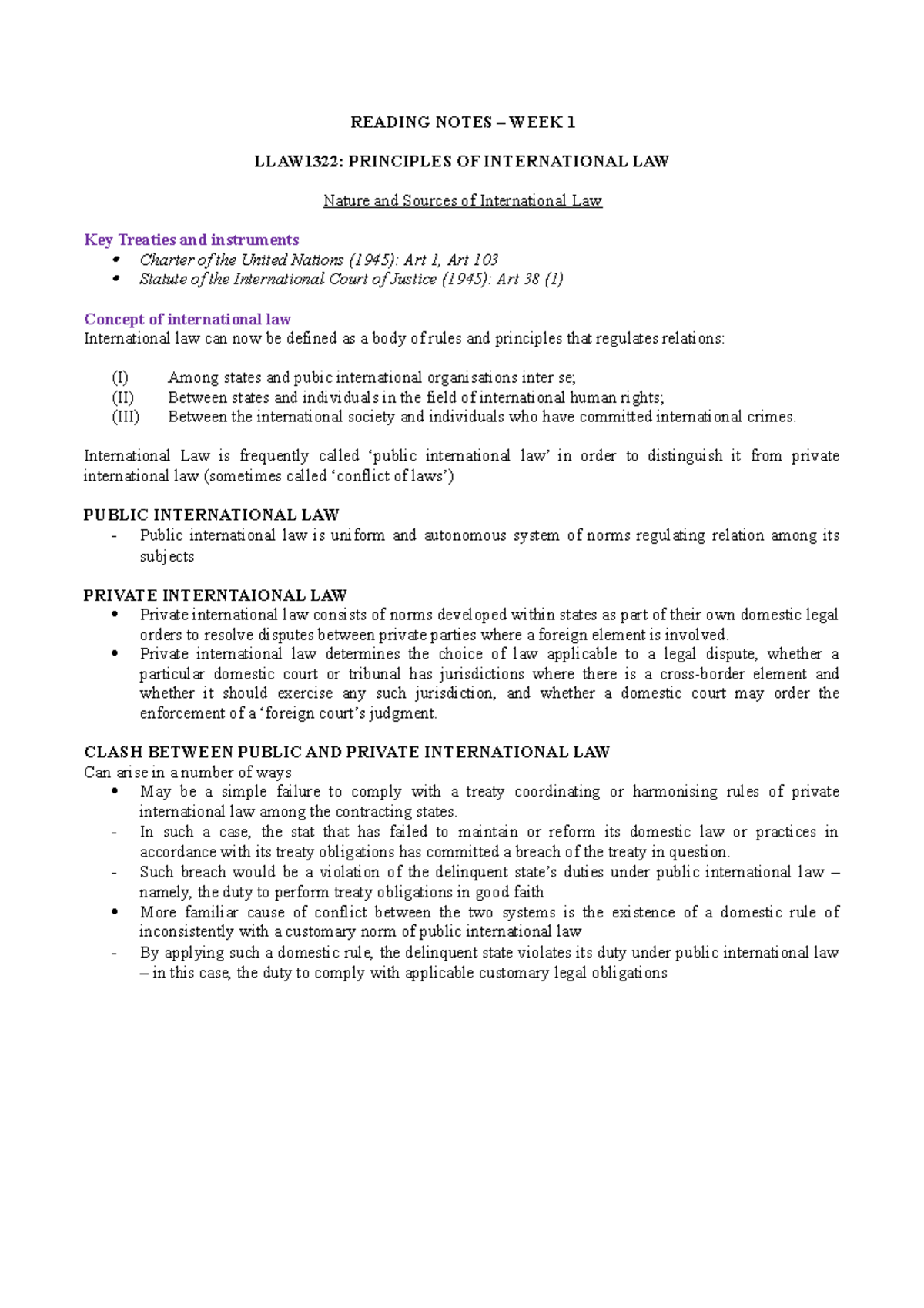 Reading Notes– Week 1 - Principles of International Law - READING NOTES ...