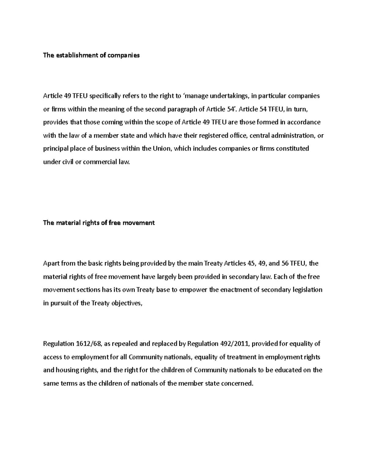 The material rights of free movement The establishment of companies