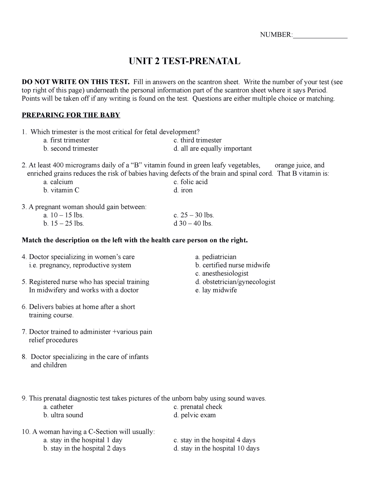 S4Quiz Testunit 2Prenatal - NUMBER:_______________ UNIT 2 TEST-PRENATAL ...