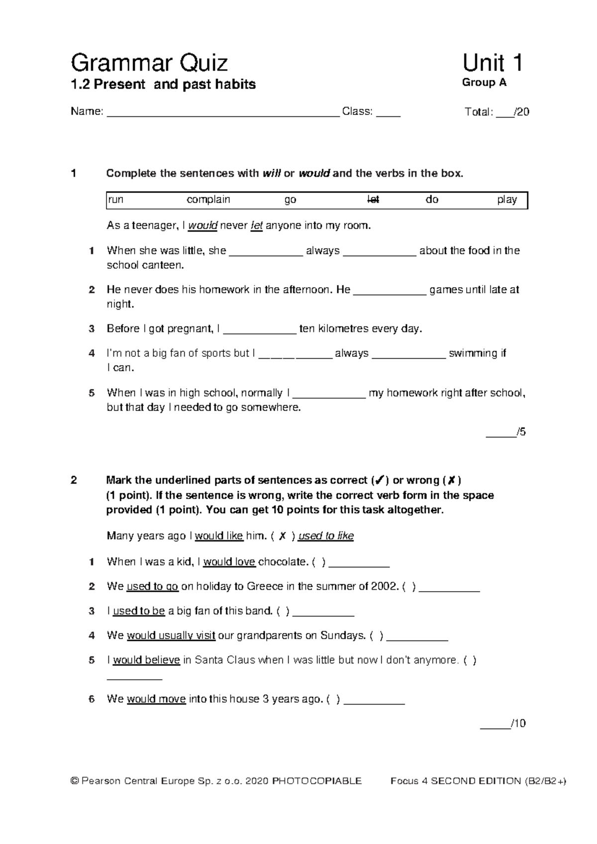 Focus 4 2E Grammar Quiz Unit1 - Grammar Quiz Unit 1 1 Present And Past ...