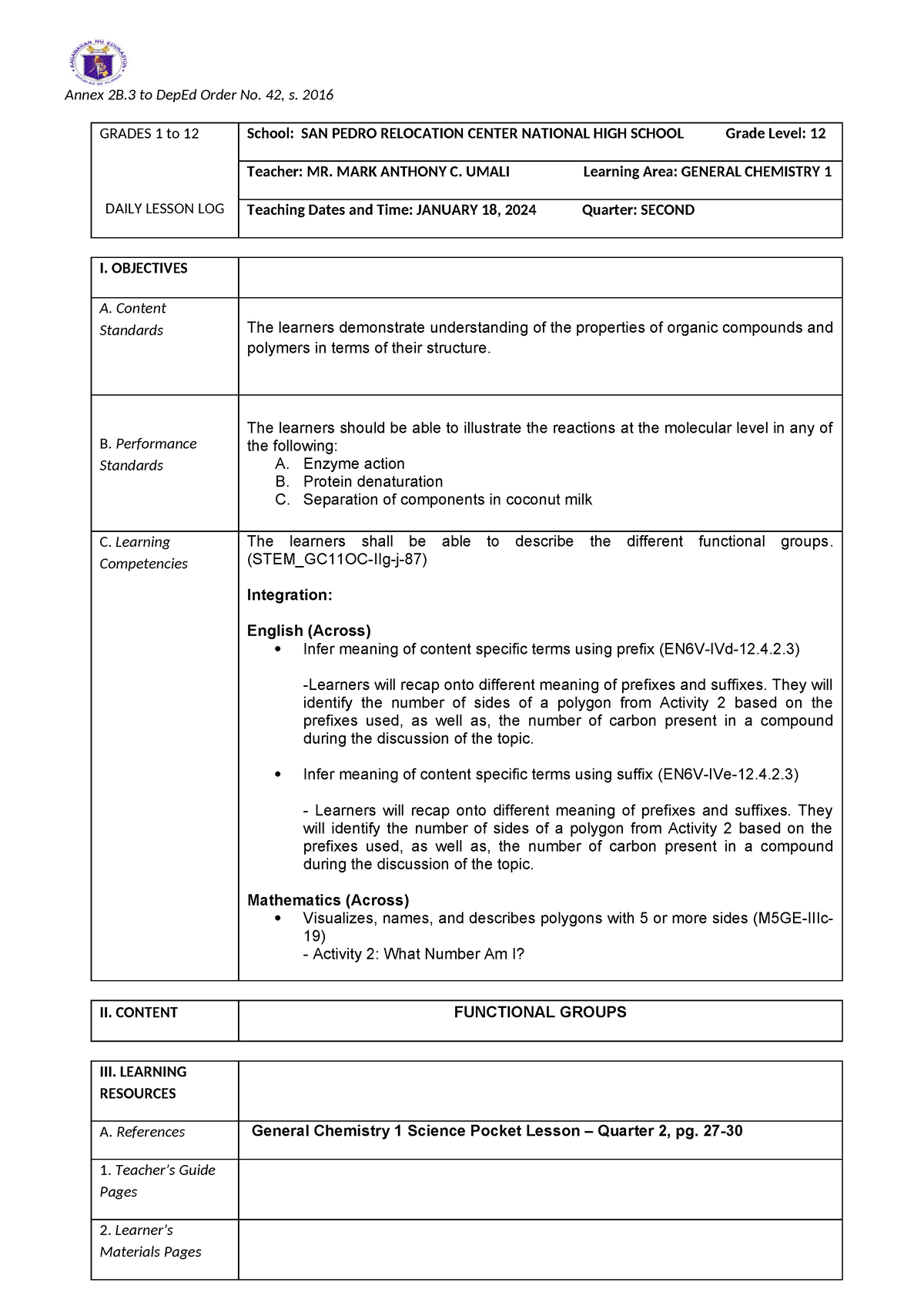 LE FOR Genchem CO2 - teaching - Annex 2B to DepEd Order No. 42, s. 2016 ...