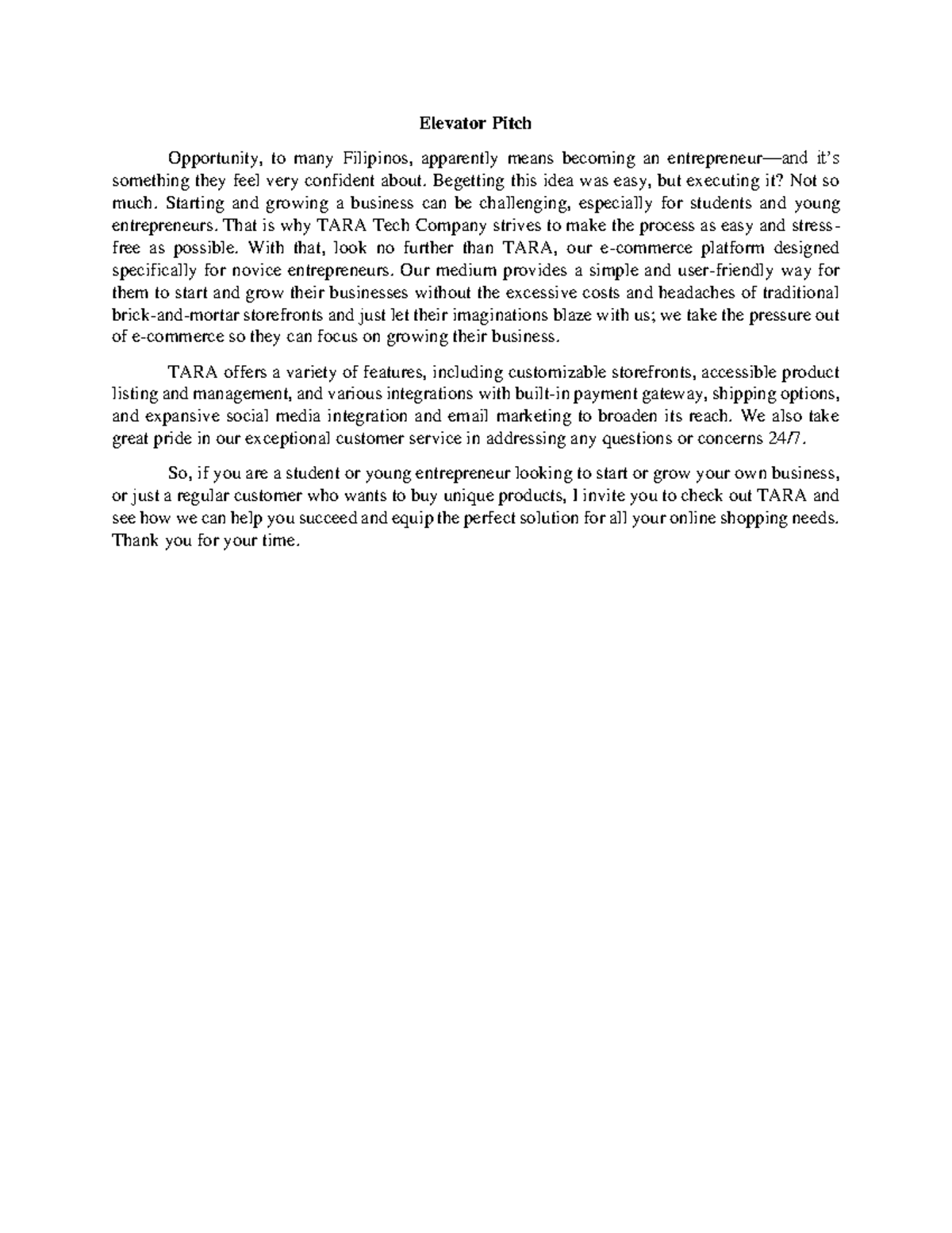 TARA-Elevator-Pitch-Script - Elevator Pitch Opportunity, to many ...