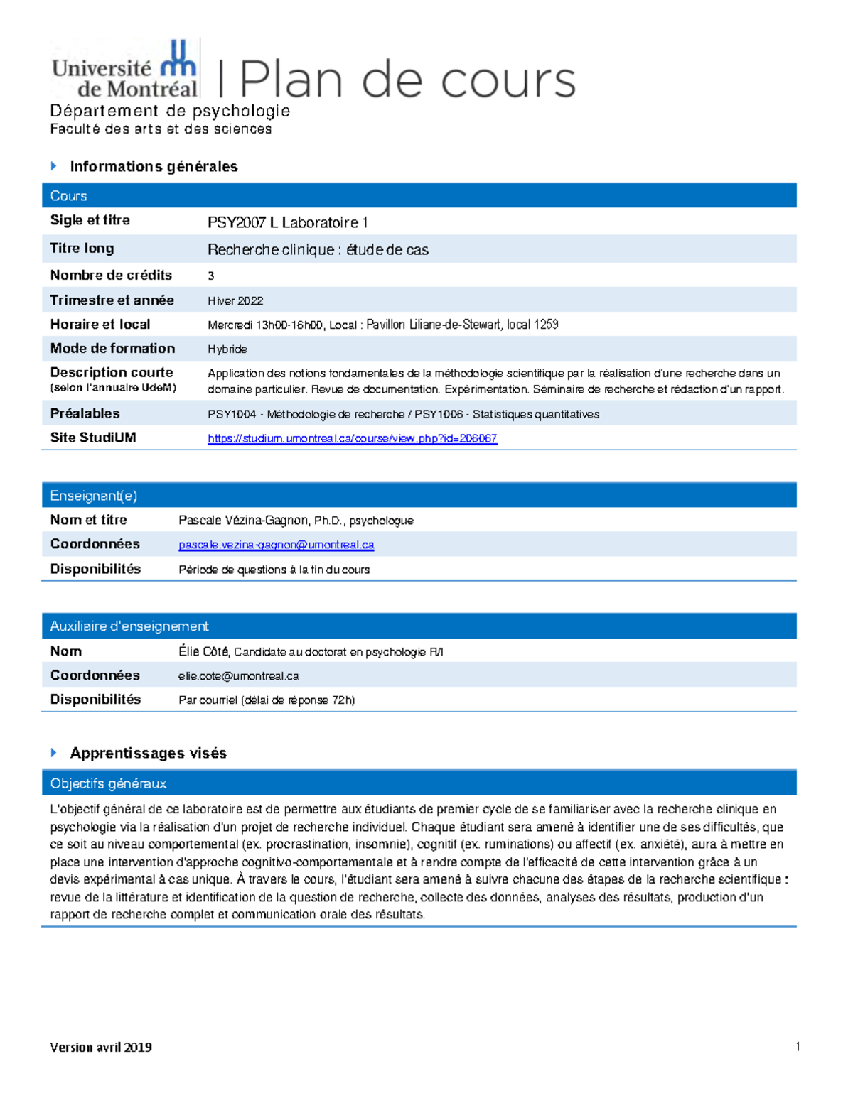 PSY2007 L - Plan De Cours - Facult é Des Art S Et Des Sciences ...