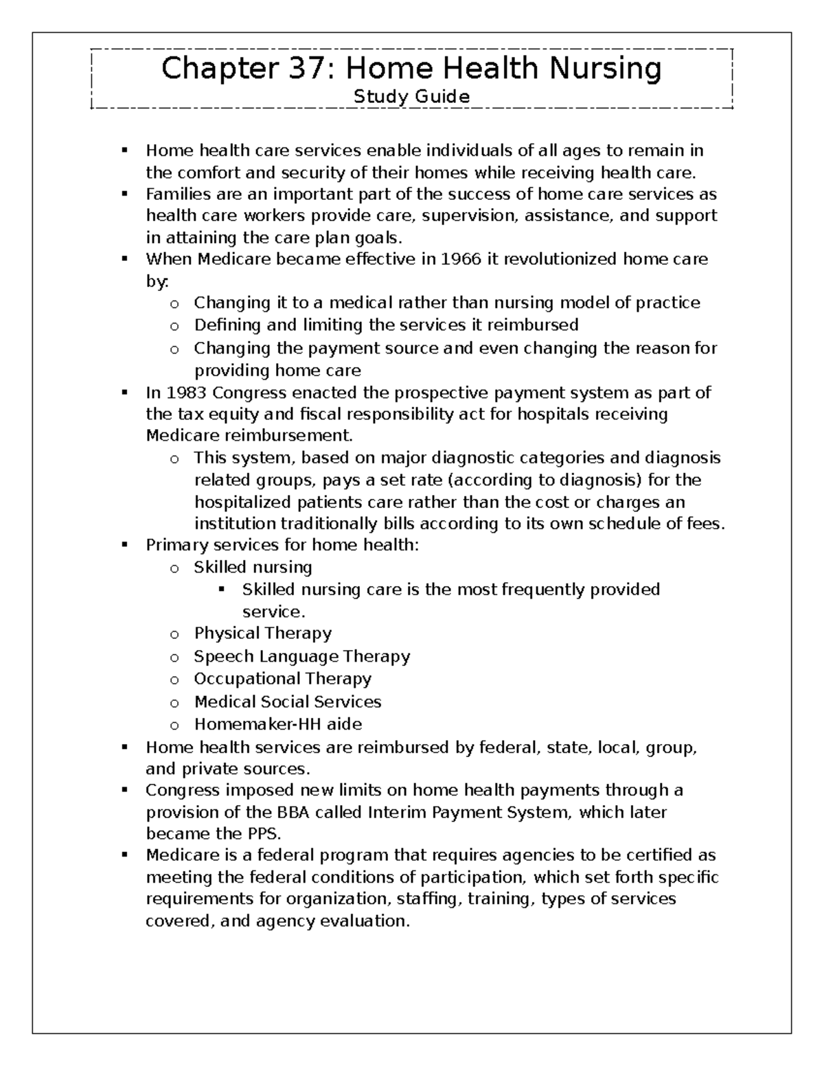 Chapter 37 Study Guide Chapter 37 Home Health Nursing Study Guide Home health care services