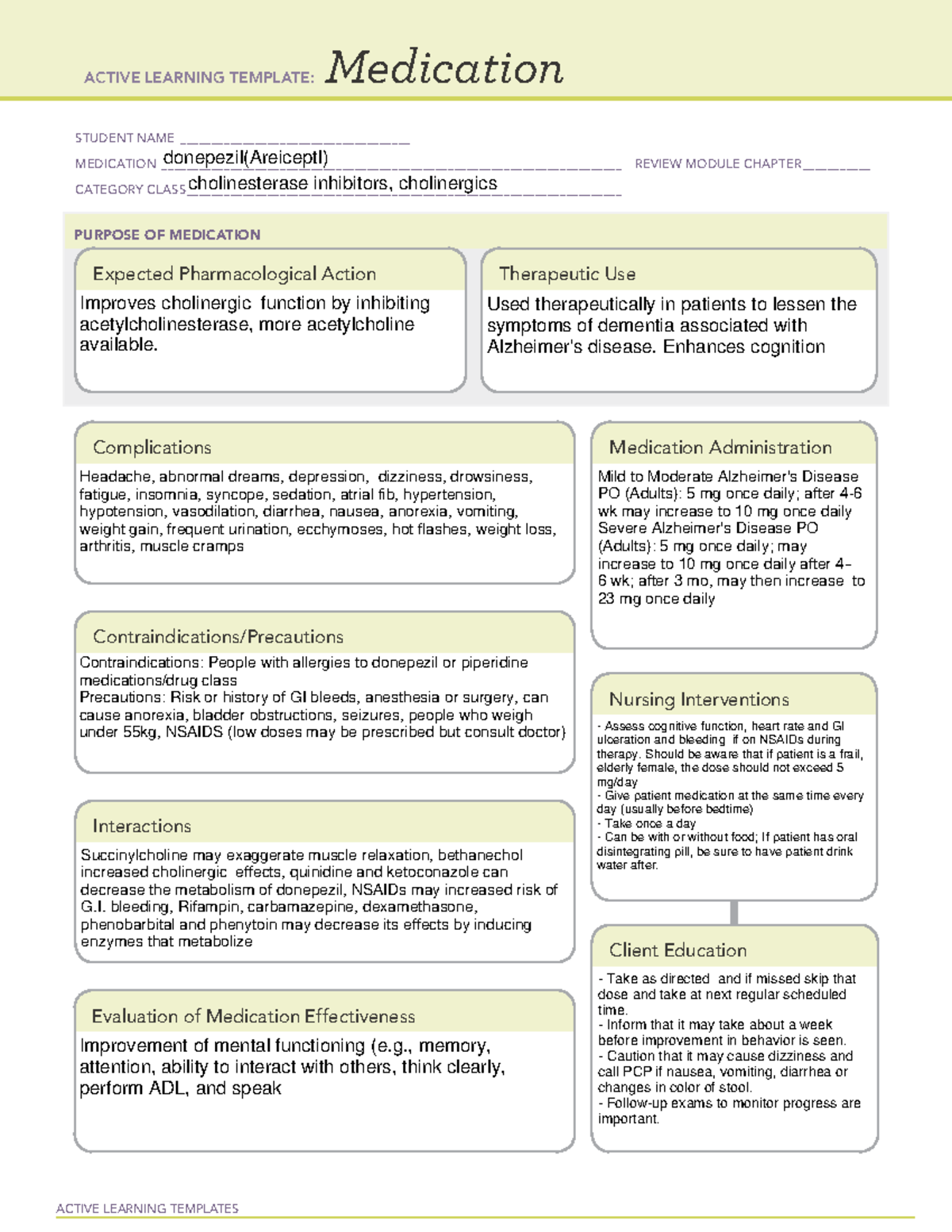 Donepezil - drug card - ACTIVE LEARNING TEMPLATES Medication STUDENT ...