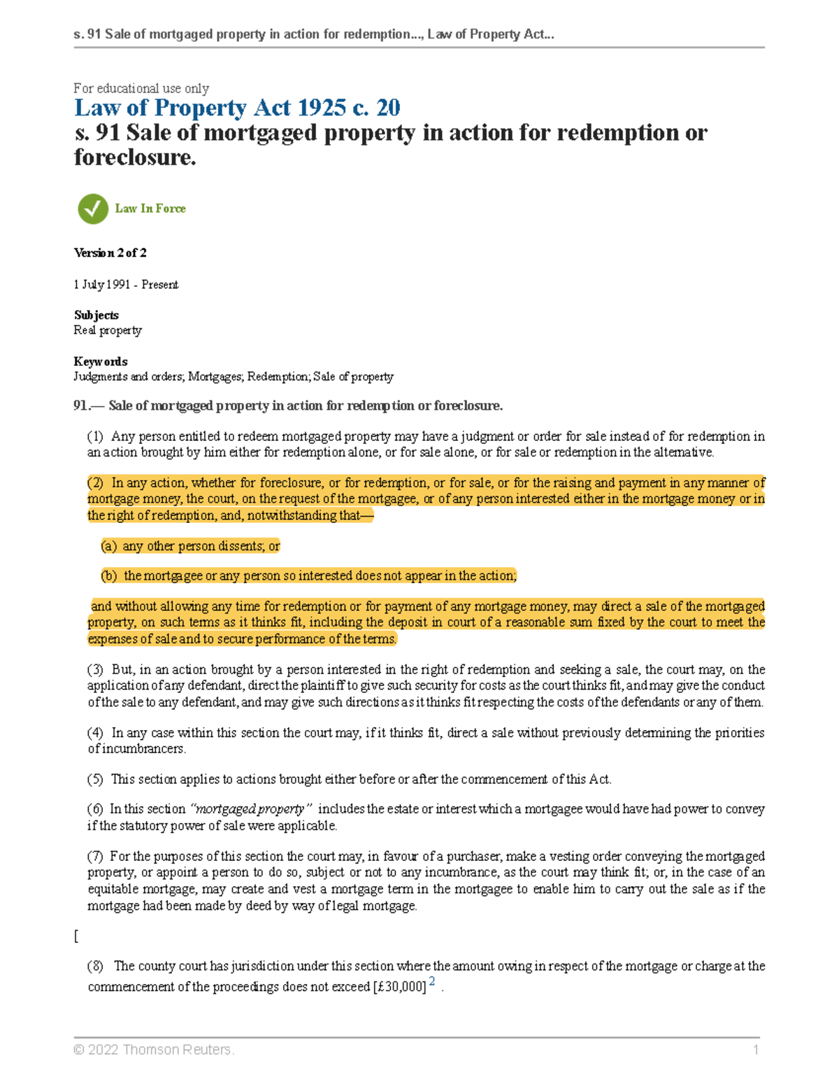 S 91 Sale of mortgaged property in action for redemption or foreclosure