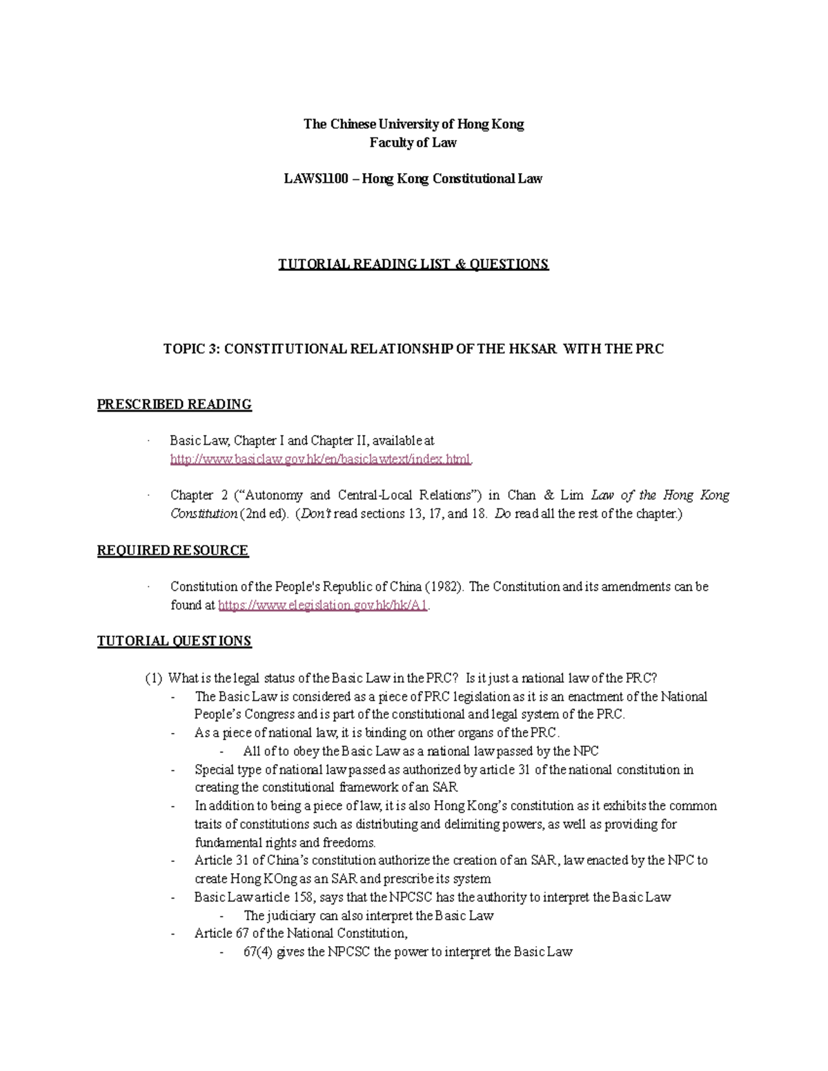 Constitutional Law Tutorial Week 3 - The Chinese University of Hong ...