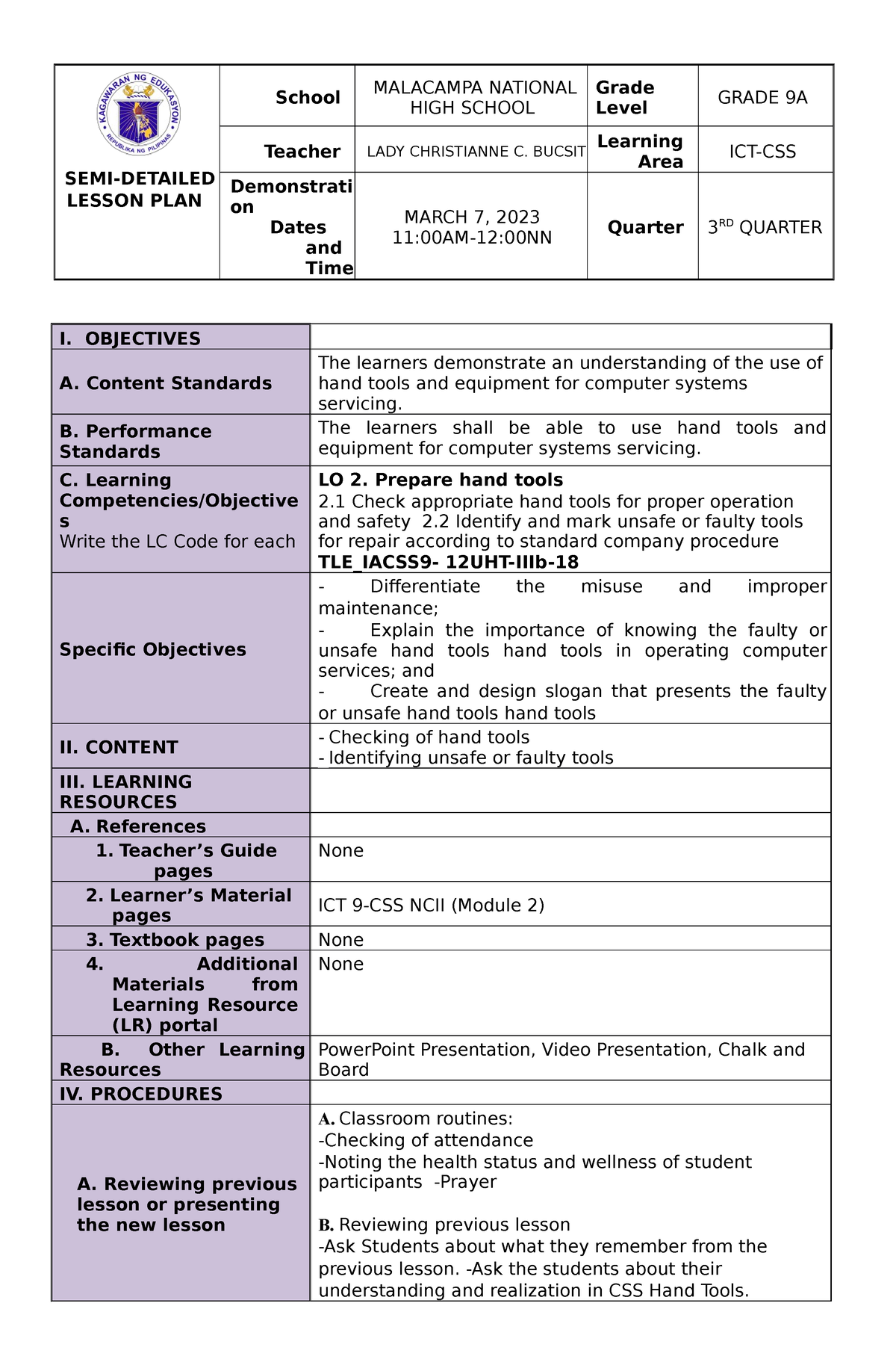 CSS 9 DLP Week2 3rd Quarter - SEMI-DETAILED LESSON PLAN School ...