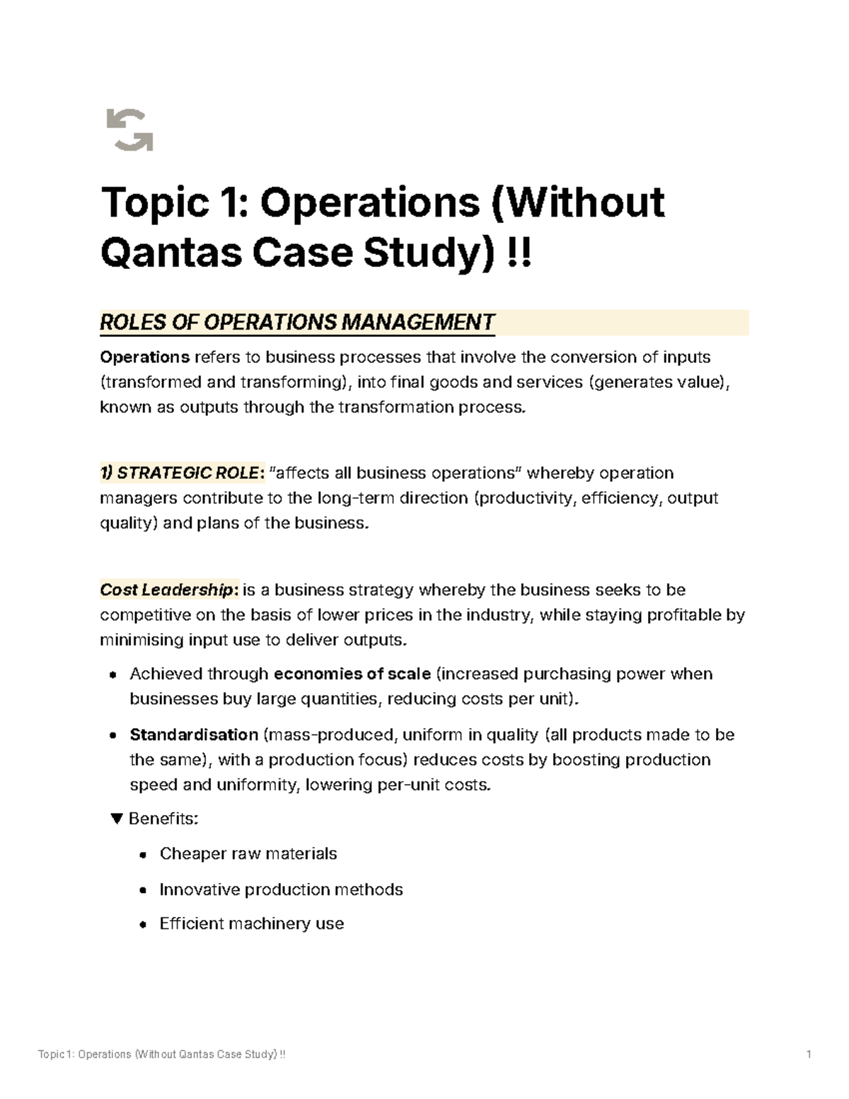 Business operations - Topic 1: Operations (Without Qantas Case Study ...