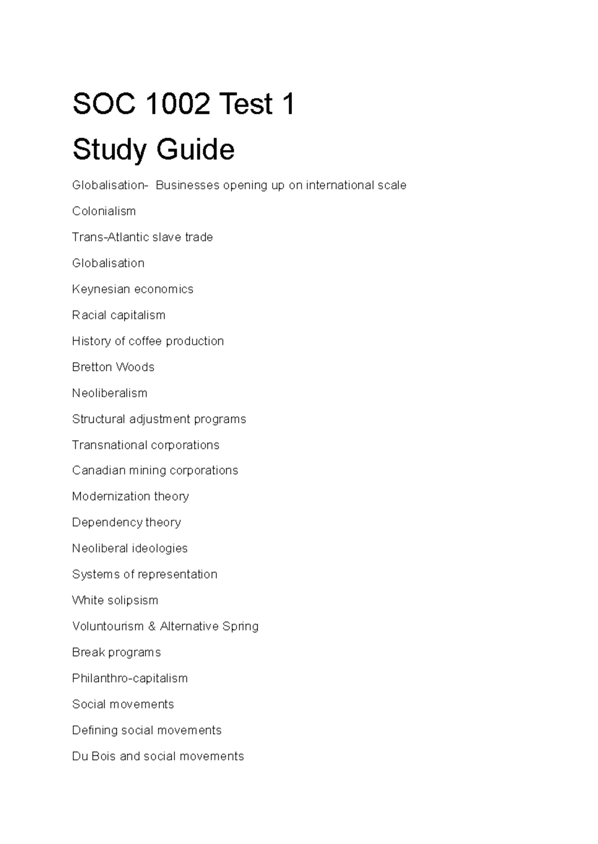Untitled document - SOC 1002 Test 1 Study Guide Globalisation ...