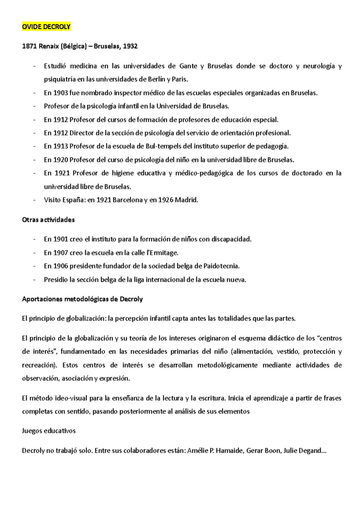 Ovide Decroly apuntes OVIDE DECROLY 1871 Renaix (Bélgica