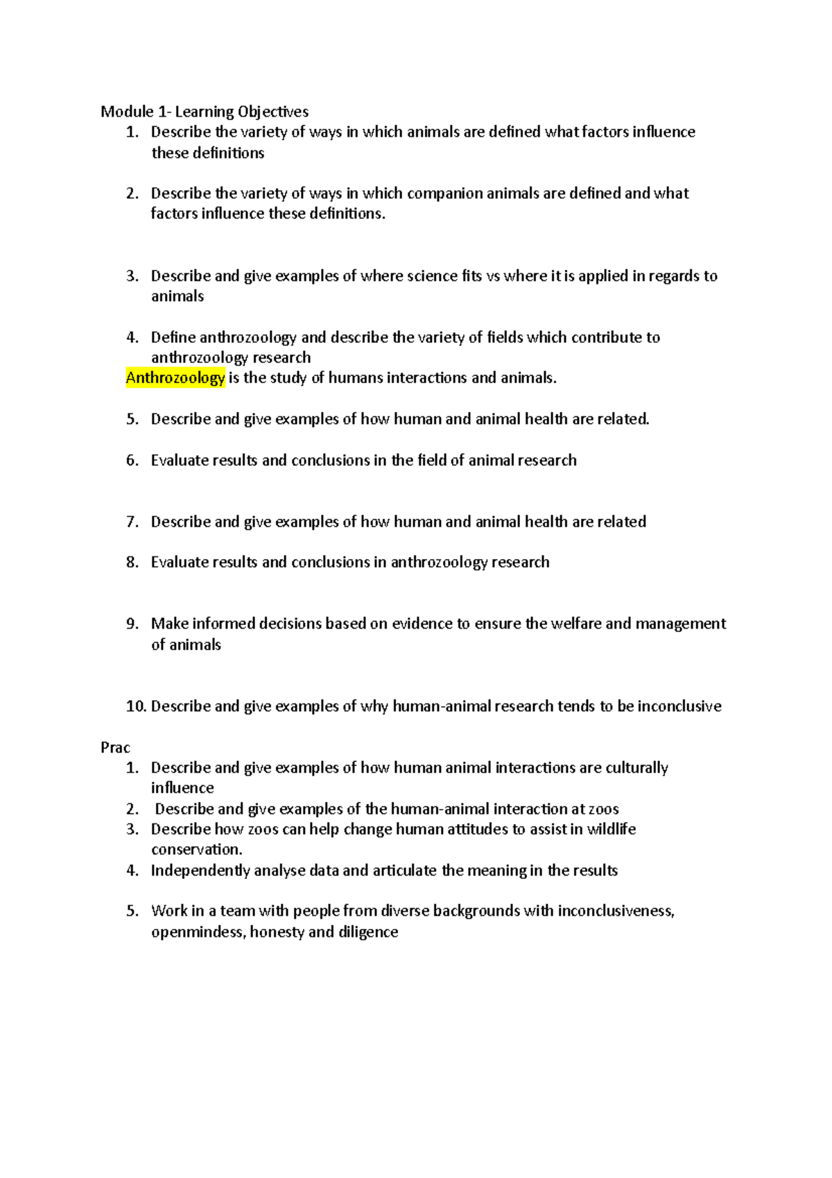 AVBS Animal and us notes - Module 1- Learning Objectives 1. Describe ...