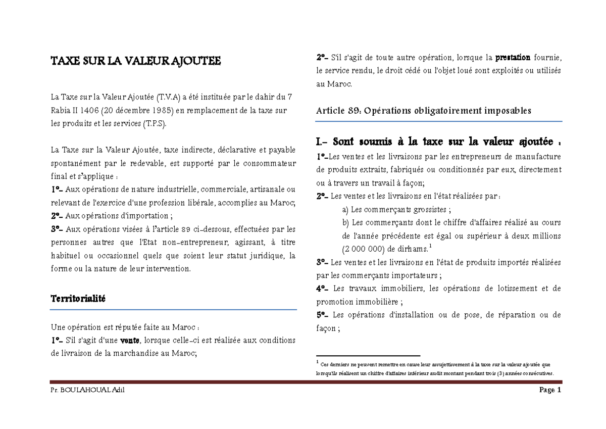 CHAPITRE III Groupes Gestion - TAXE SUR LA VALEUR AJOUTEE La Taxe sur