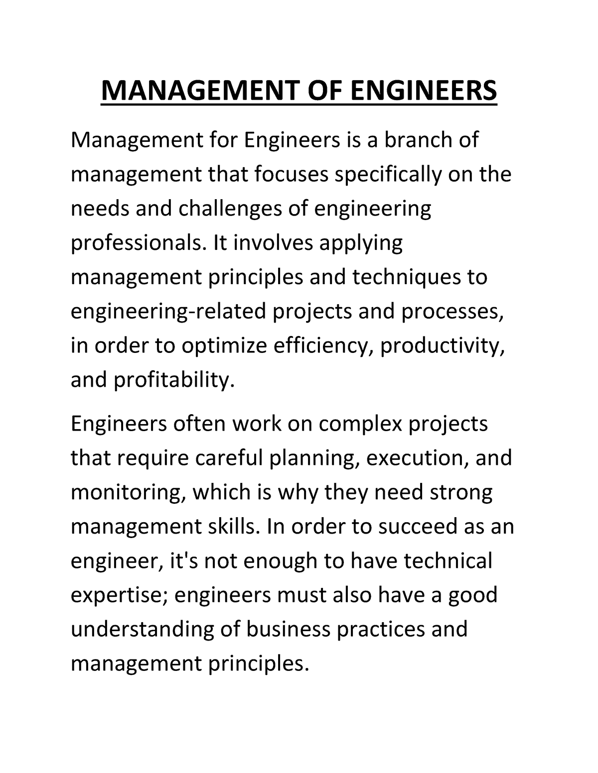 essay about engineering management