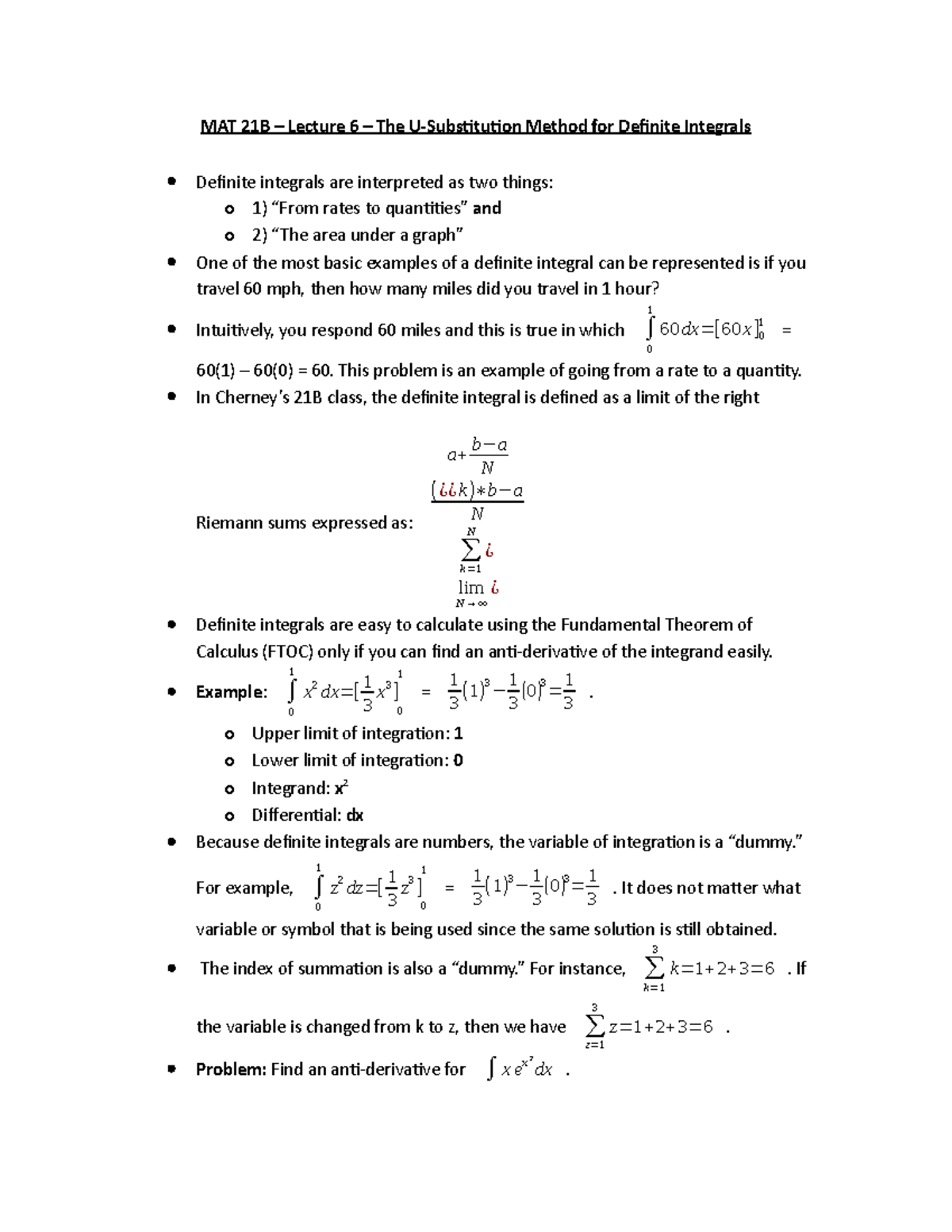 MAT 21B – Lecture 6 - The U-Substitution Method For Indefinite ...