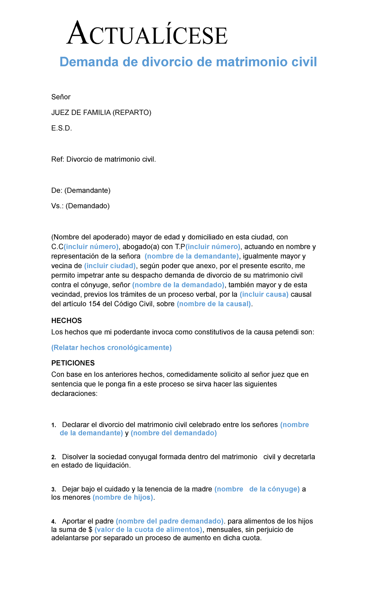 Demanda De Divorcio De Matrimonio Civil - Consultorio Juridico Ii ...