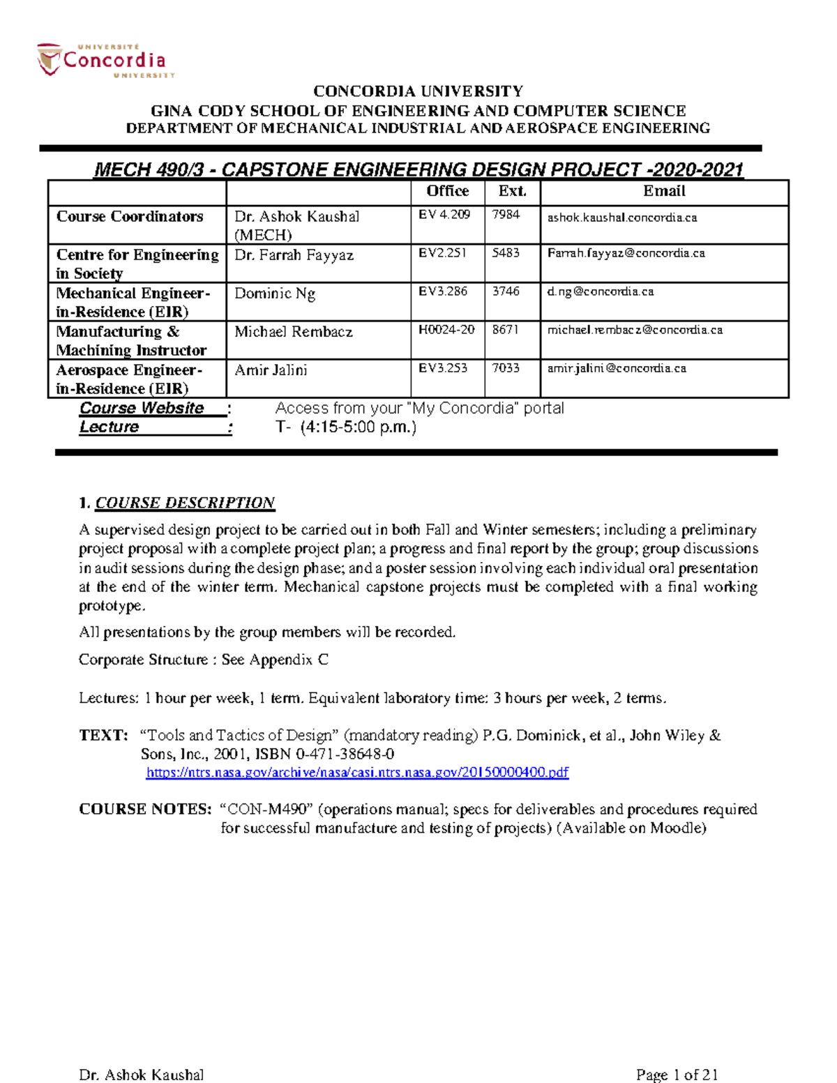 MECH 490 Course Outline 2020-2021 - CONCORDIA UNIVERSITY GINA CODY ...