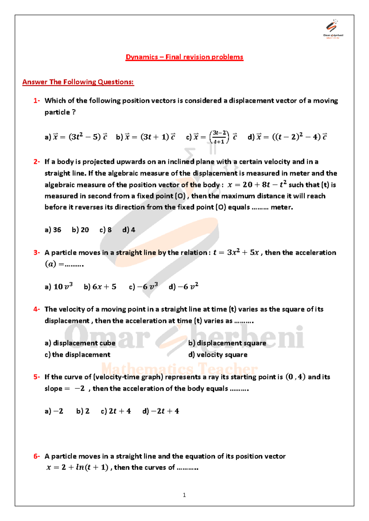 Dynamic - final revision problems 2021 - Dynamics – Final revision ...