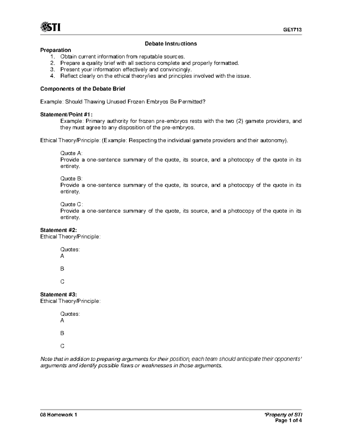 08-homework-1 Debate Instructions - 08 Homework 1 *property Of Sti 