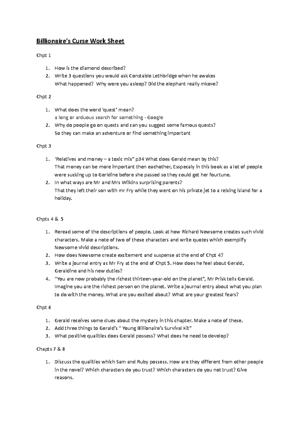 Billionaire's Curse Work Sheet - chapter questions - Billionaire’s ...