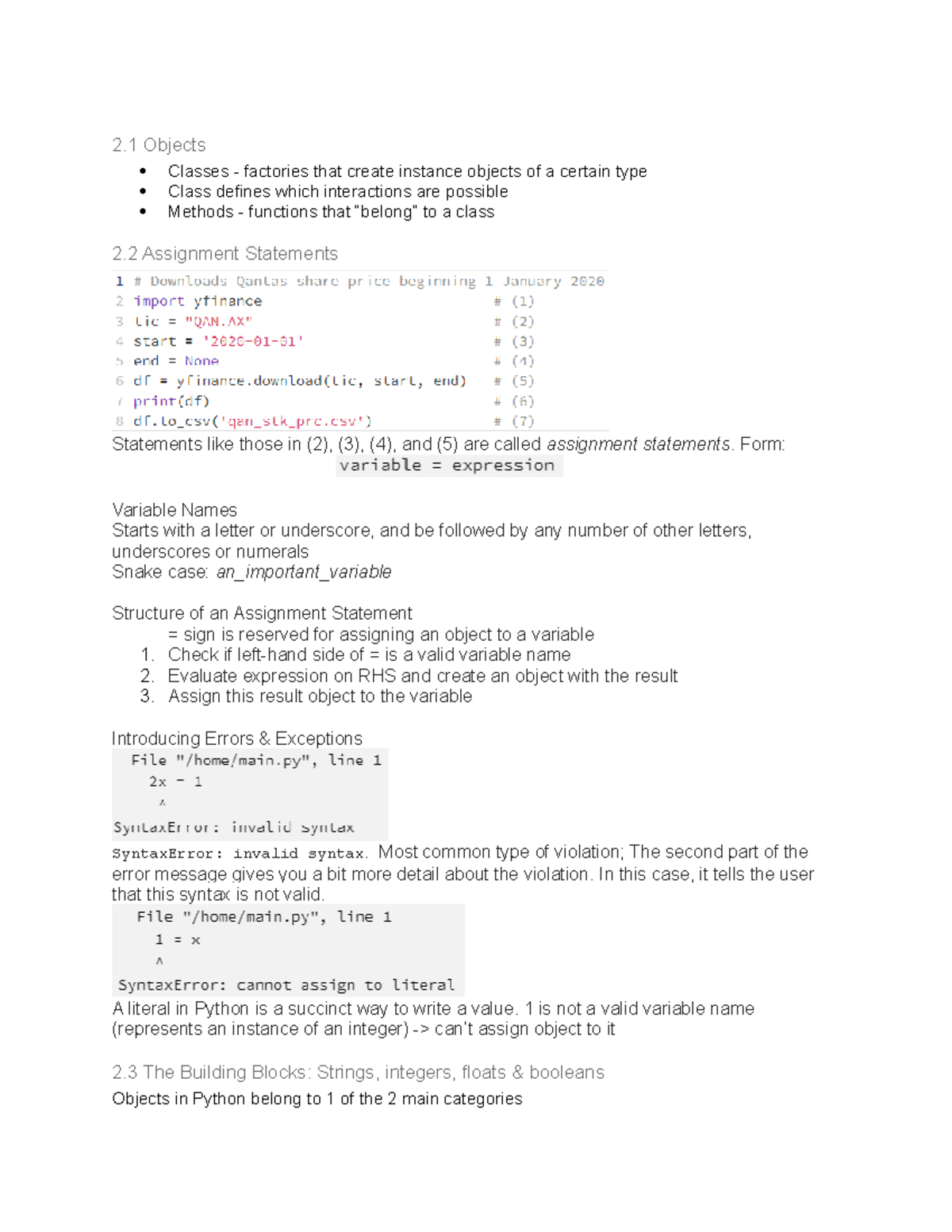 FINS3646 Lecture 2 Python: The Building Blocks - 2 Objects Classes ...