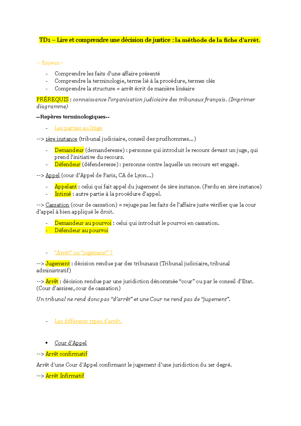 TD1 La fiche d arrêt TD1 Lire et comprendre une décision de