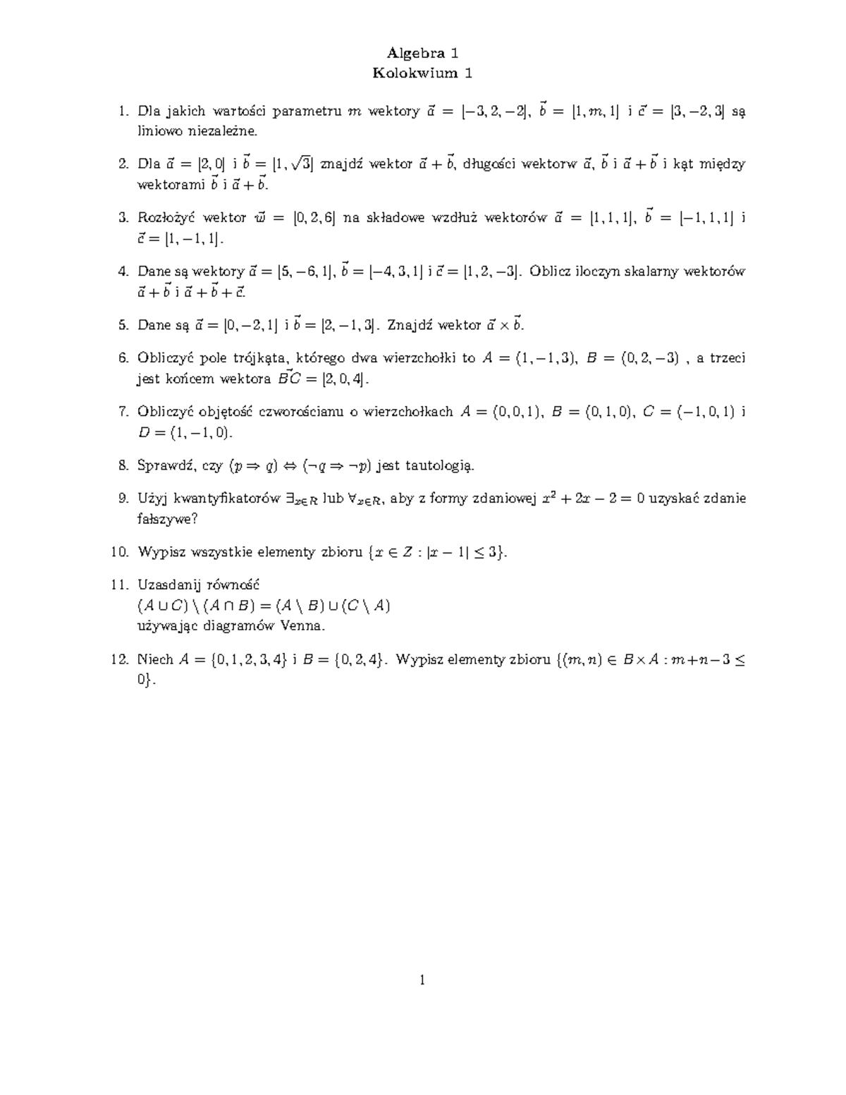 Alg1-kol-1-g1 - Xyz - Algebra 1 Kolokwium 1 Dla Jakich Warto ́sci ...