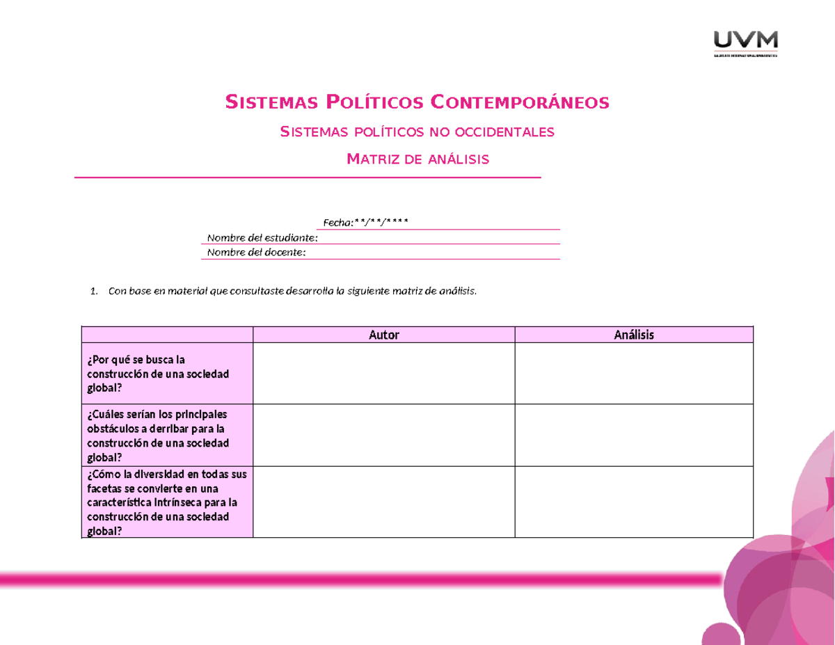 A9 Matriz Vanessa Quezada SISTEMAS POLÍTICOS CONTEMPORÁNEOS SISTEMAS POLÍTICOS NO OCCIDENTALES