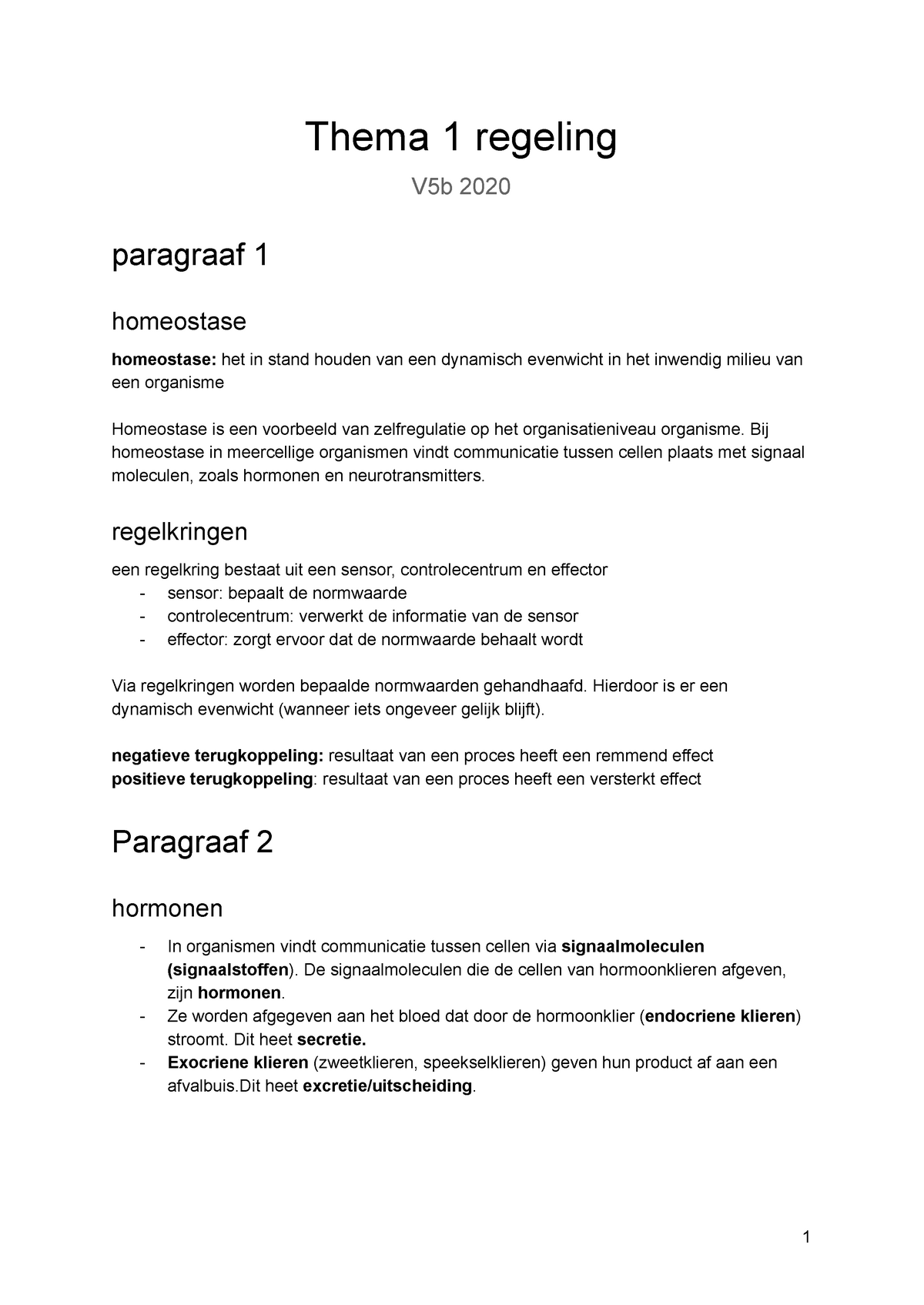 V5 Thema 1 Regeling - Thema 1 Regeling V5b 2020 Paragraaf 1 Homeostase ...