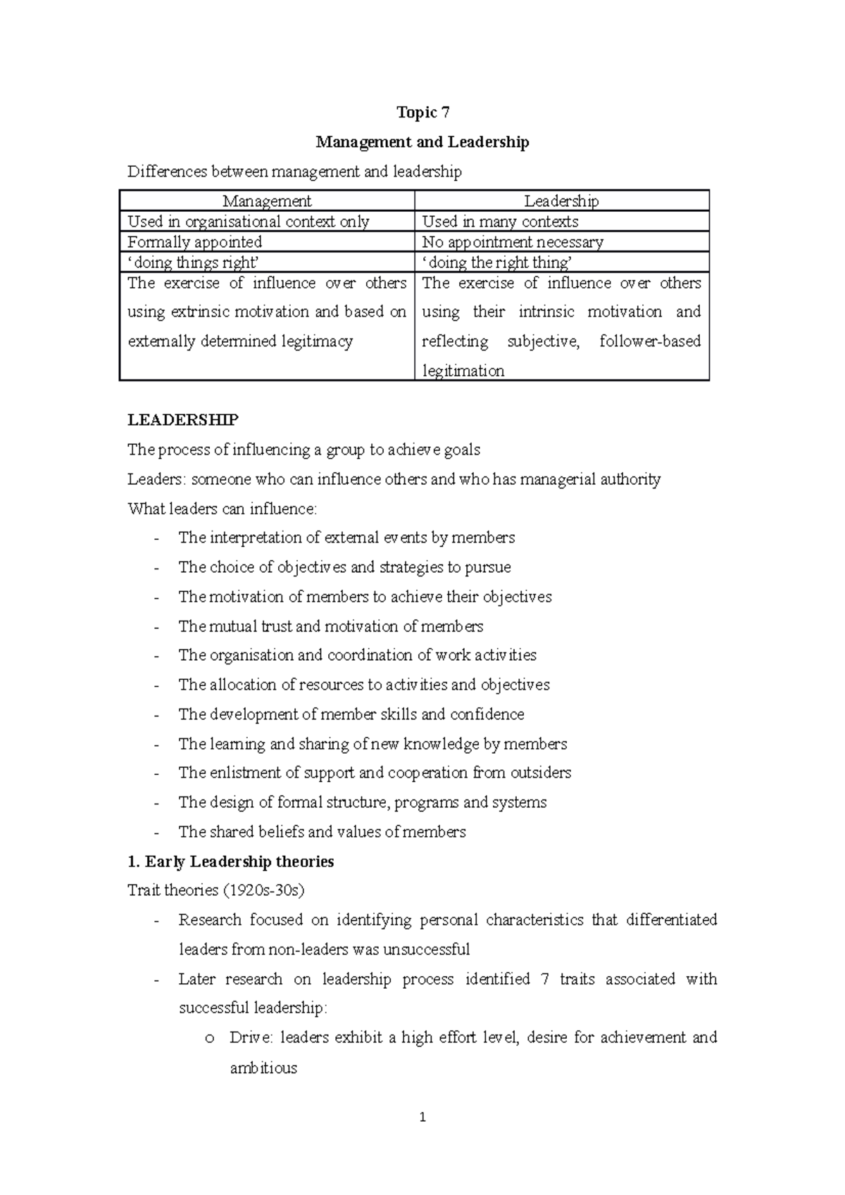 Lecture notes, Topic 7 - management and leadership - Topic 7 Management ...