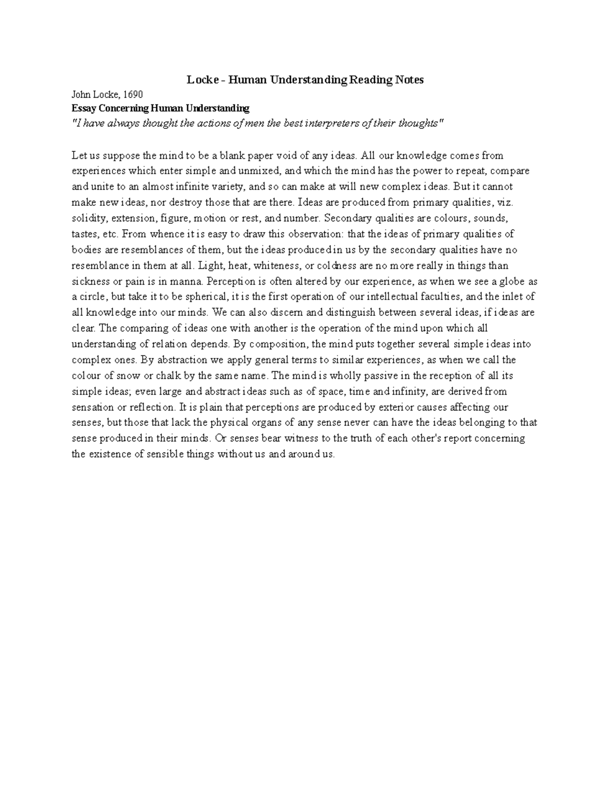 Locke Human Understanding Reading Notes - Google Docs - Locke - Human ...