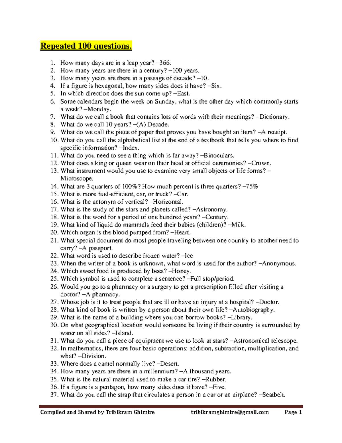Answer Short Question-2 - Repeated 100 questions. How many days are in ...