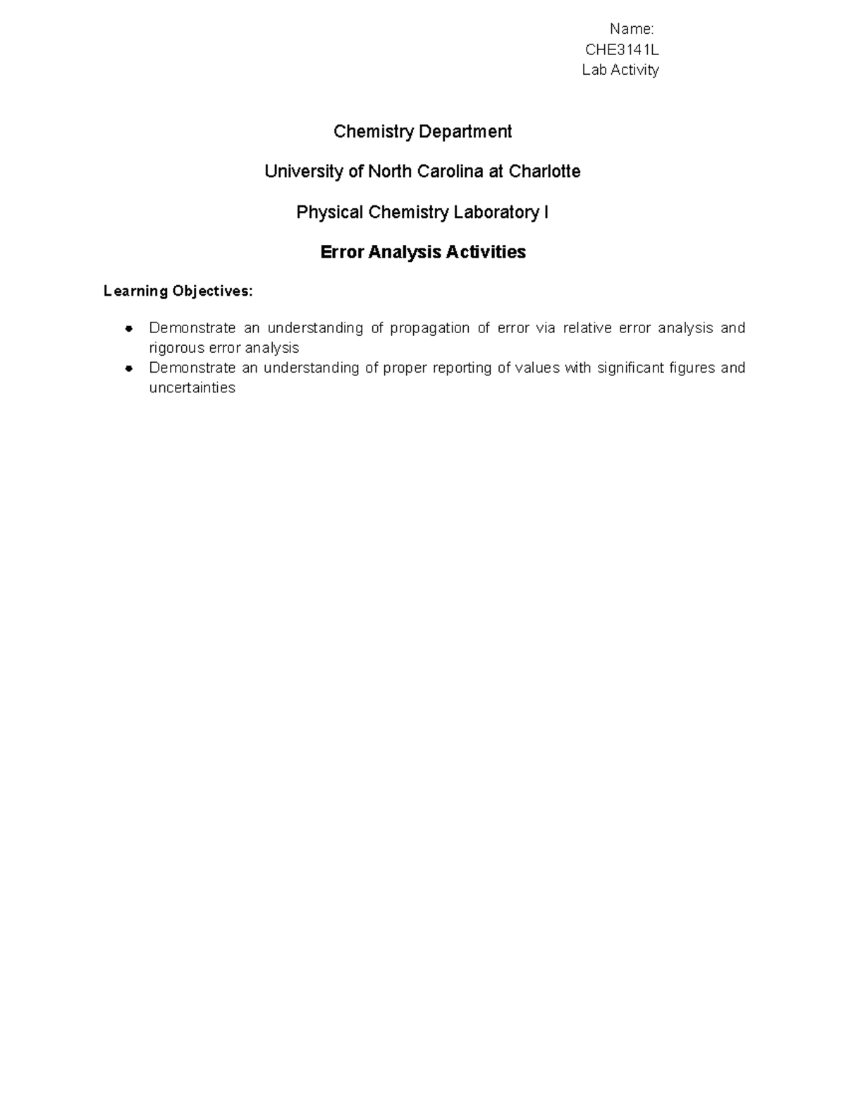 Error Analysis Practice for lab CHE3141L Lab Activity