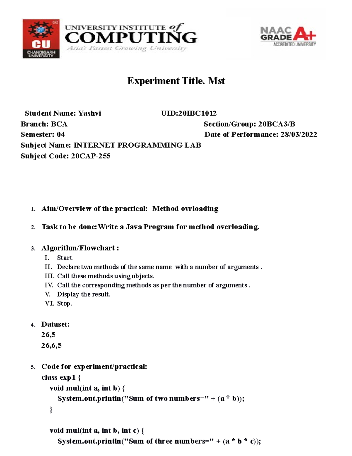 Template of Worksheet - Experiment Title. Mst Student Name: Yashvi UID ...