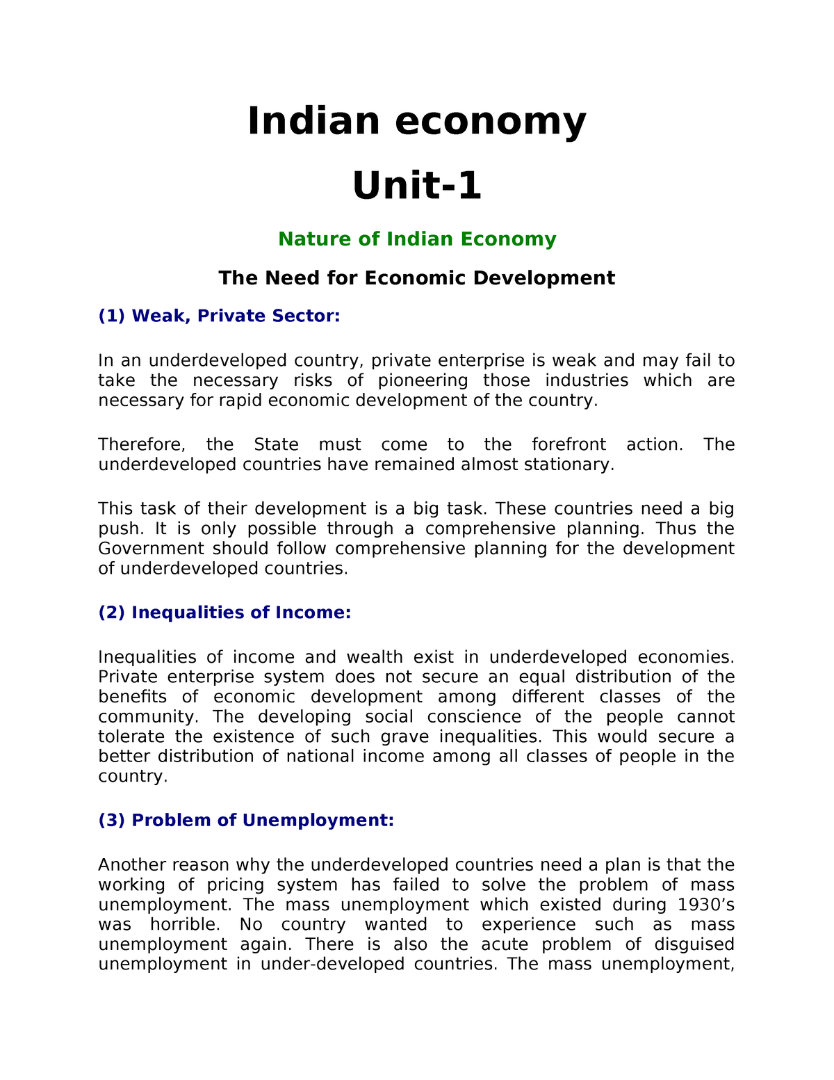 Indian Economy NOTES B COM 4 SEM Indian Economy Unit Nature Of 