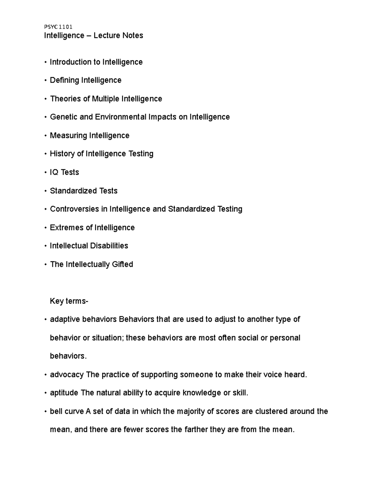 PSCH 1101 Intelligence Lecture Notes - Intelligence – Lecture Notes ...